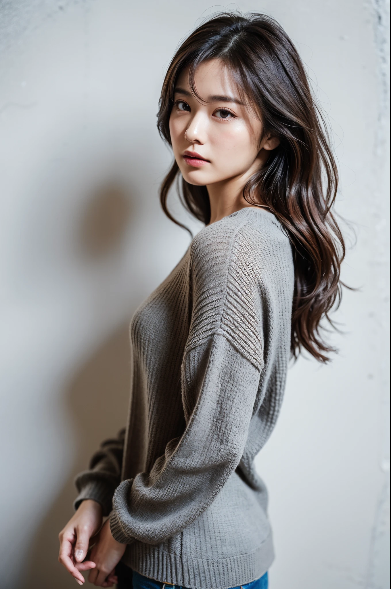 of the highest quality, 1 beautiful woman, age 28, S, 35mm lens, F/1, Cowboy Shot, Concrete background、Tile background、Perm Hair、Gray knitwear Shirt、Light brown、From Side