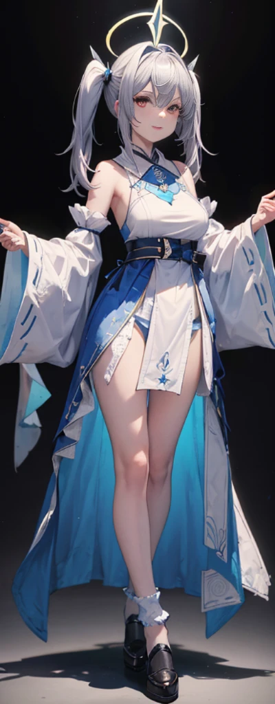 (Full body photo:1.4),white backgrounid,(1 Witch,Flash fluorescence,Hats,See-through Tulle Miko Costume,Delicate headgear,ssmile),(paper art,Quilted paper art,geometry),(Lots of colors,Best quality,high detal,tmasterpiece,movie light effect,4K,lightand shade contrast),Colossal tits,blue clothes,pigtails,Blue knee-length socks,luminous totem,red - eyed,silber hair,pigtails,