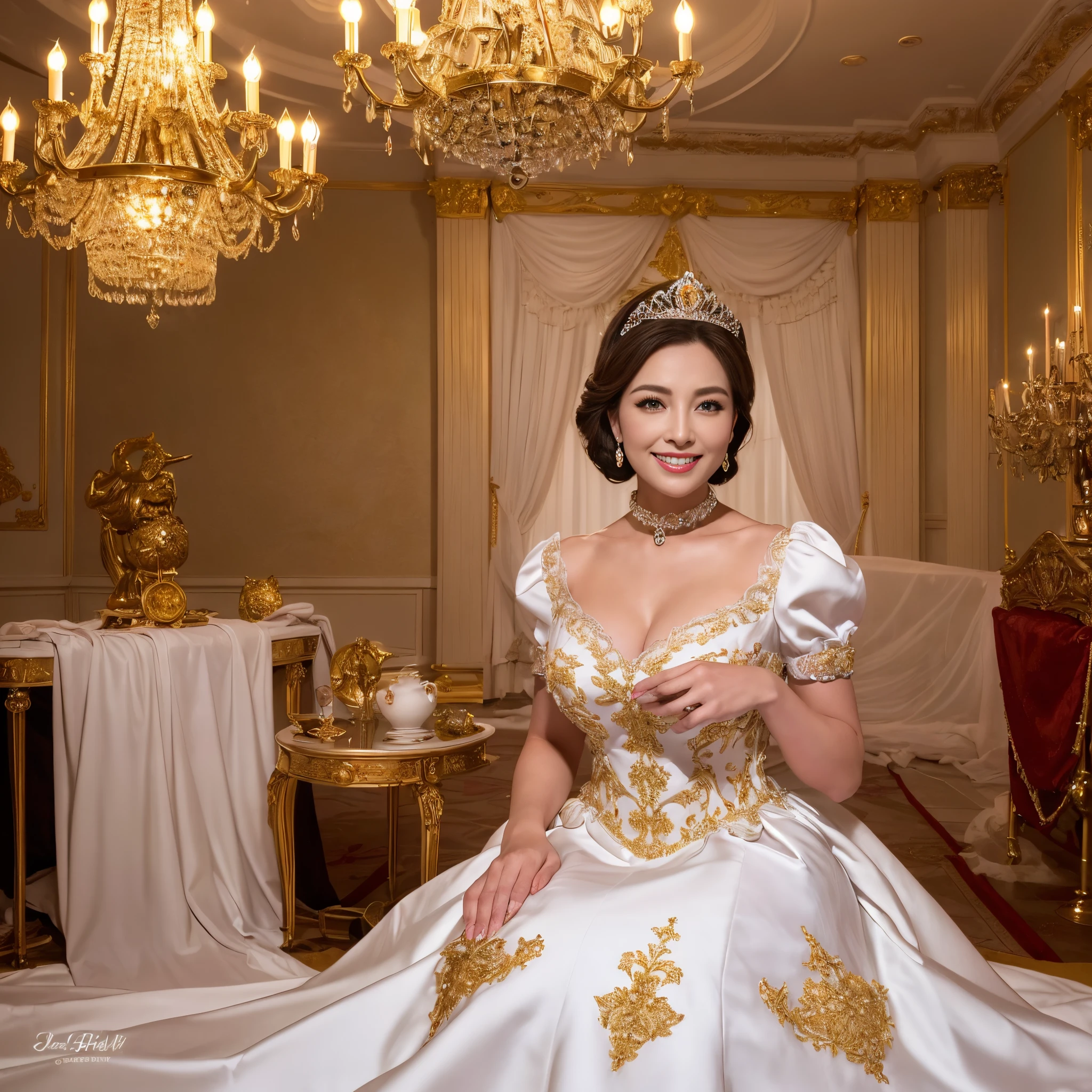 There is a white 30-year-old queen in her palace bedroom.。the queen wears a crown、She takes off her dress and looks at me。