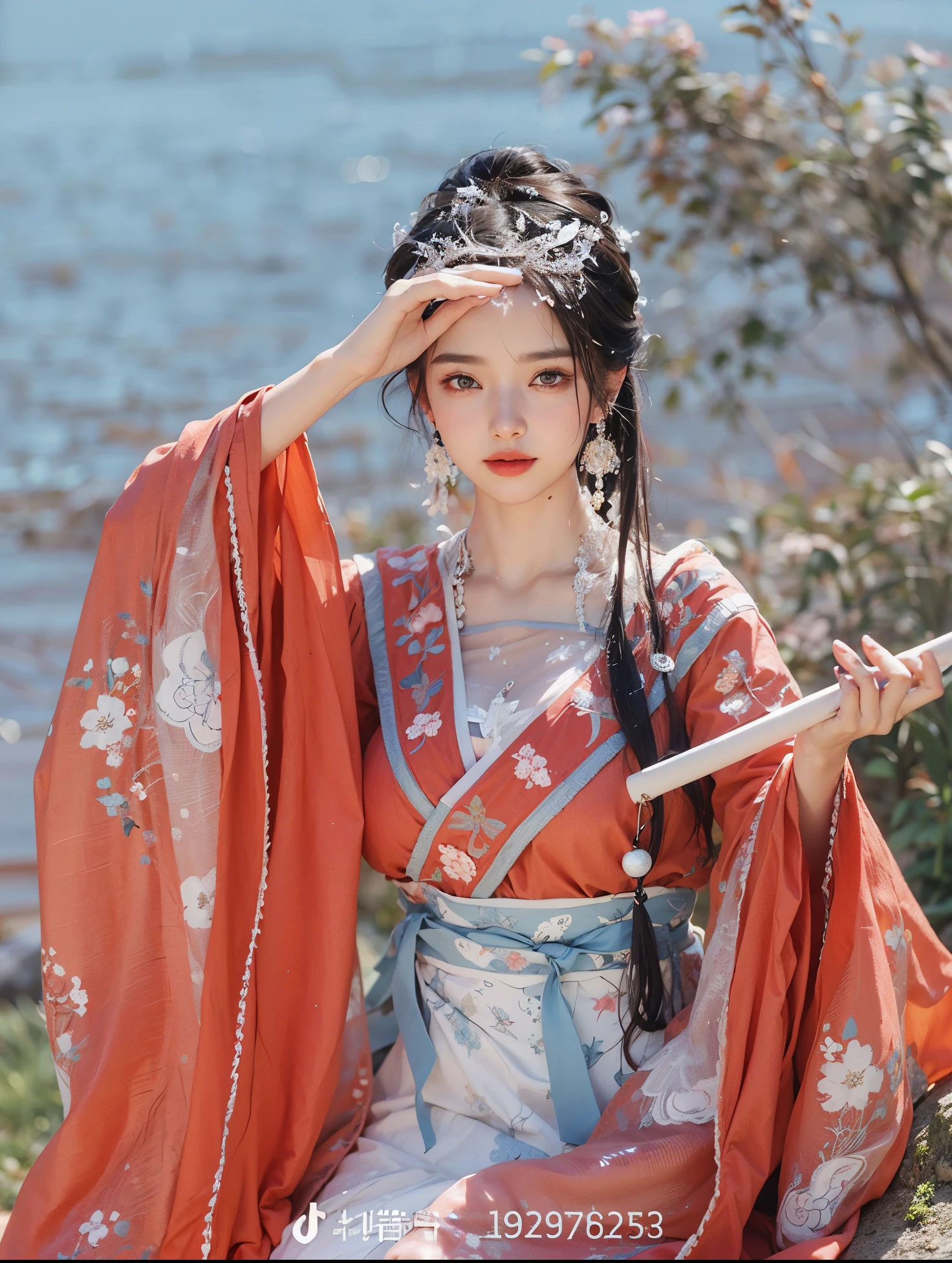 8k, best quality, (photorealistic:1.4), raw photo, 1girl, blue hair, dragon horn, hanfu, new year