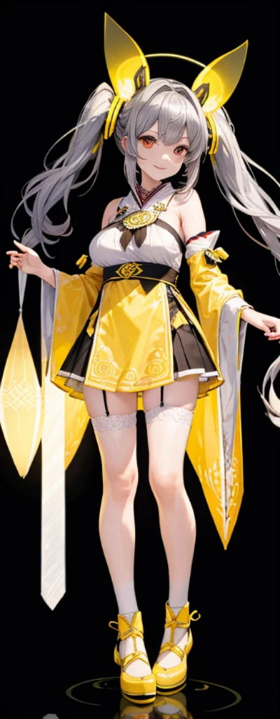 (Full body photo:1.4),white backgrounid,(1 Witch,Flash fluorescence,Hats,See-through Tulle Miko Costume,Delicate headgear,ssmile),(paper art,Quilted paper art,geometry),(Lots of colors,Best quality,high detal,tmasterpiece,movie light effect,4K,lightand shade contrast),Colossal tits,yellow clothing,pigtails,Blue knee-length socks,luminous totem,red - eyed,silber hair,pigtails,