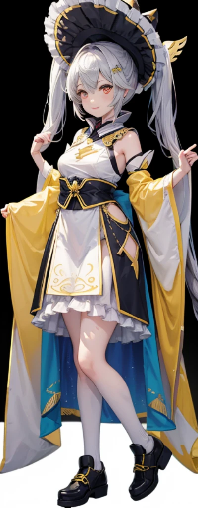 (Full body photo:1.4),white backgrounid,(1 Witch,Flash fluorescence,Hats,See-through Tulle Miko Costume,Delicate headgear,ssmile),(paper art,Quilted paper art,geometry),(Lots of colors,Best quality,high detal,tmasterpiece,movie light effect,4K,lightand shade contrast),Colossal tits,yellow clothing,pigtails,Blue knee-length socks,luminous totem,red - eyed,silber hair,pigtails,