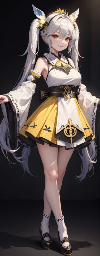 (Full body photo:1.4),white backgrounid,(1 Witch,Flash fluorescence,Hats,See-through Tulle Miko Costume,Delicate headgear,ssmile),(paper art,Quilted paper art,geometry),(Lots of colors,Best quality,high detal,tmasterpiece,movie light effect,4K,lightand shade contrast),Colossal tits,yellow clothing,pigtails,Blue knee-length socks,luminous totem,red - eyed,silber hair,pigtails,