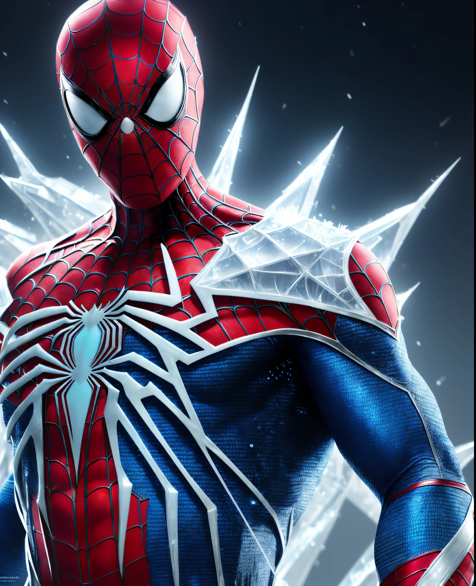 (extremely detailed 8k wallpaper), Close-up (futuristic Spiderman suit made of ice From Marvel dressed in ice style: 1.3) emerging from the the futuristic world, White and cyan, extremely detailed, volumetric lighting