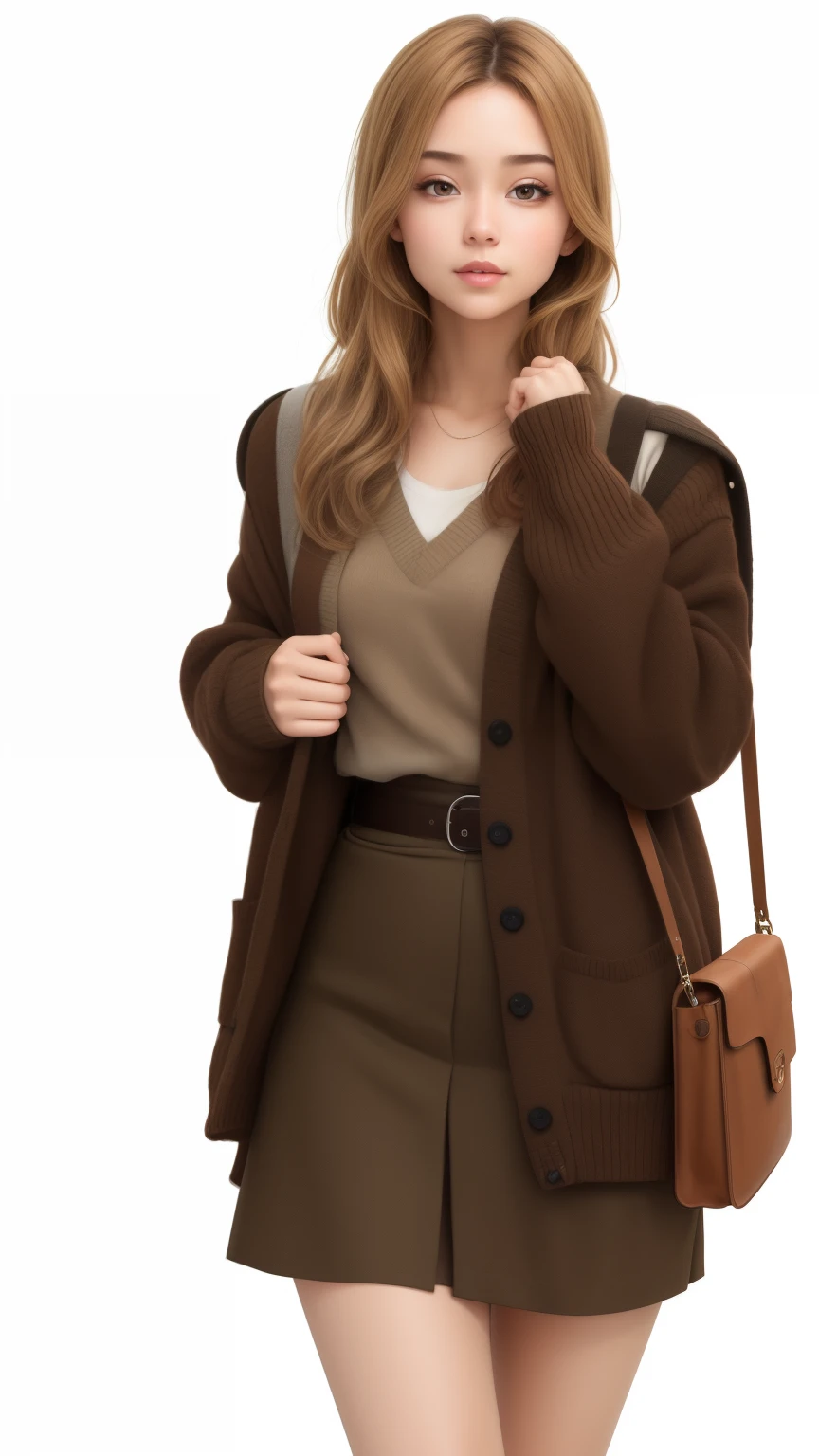 (best quality), big head, Cardigan , Dark academia , Fall , autumn , Exotic skintone , light Brown Hair , Cardigan , Skirt , Slingbag , Knitt , UHD , 8K