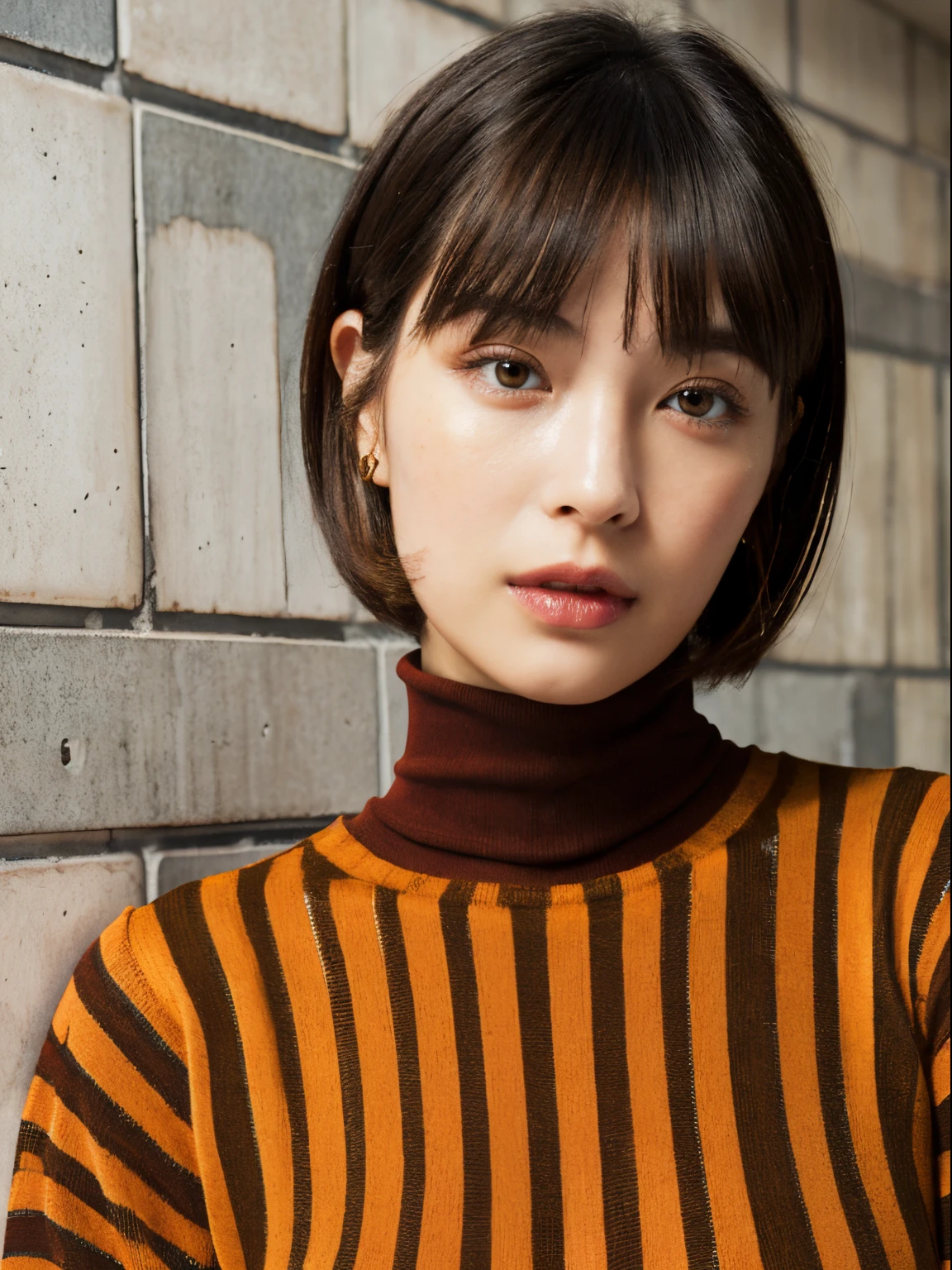 (A hyper-realistic), , (hight resolution), (8K), (ighly detailed), (The best illustrations), (beatiful detailed eyes), (top-quality), (ultra-detailliert), (masterpiece), (mortar wallpaper), (详细的脸), a park,Armpit, Thick,,,独奏,Girl wearing dark orange long-sleeved turtleneck knit and striped shirt, full of sweat, japanes, ,Concrete background、Tile background、Upper body、Fluffy bob cut、Curly hair,Realistic eyes,Fluffy Bob Cut