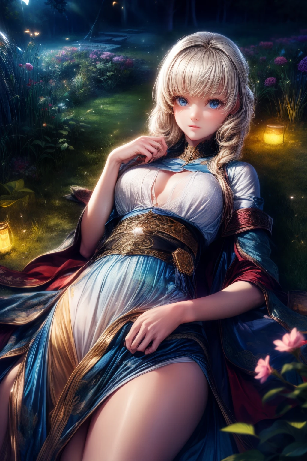 (8K, top-quality, tmasterpiece: 1.2), (actual, realisticlying: 1.37), super detailing, one-girl, wide viewing angle, Firefly Garden, Many little lights and fireflies flying around, the night