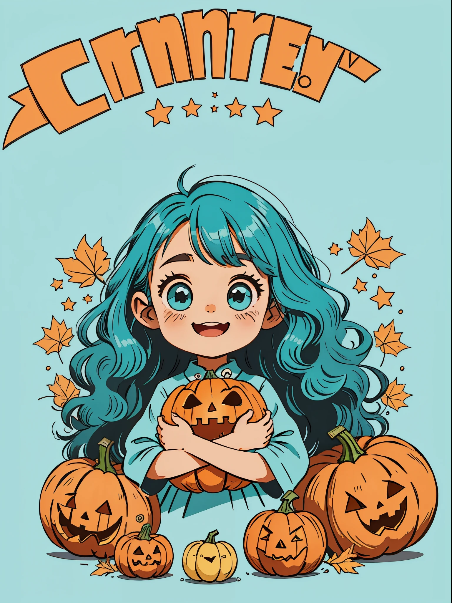 High quality design vector style image, e litcheerfulness,Huge long hair。curlies。Large turquoise colored eyes。 pumpkins,Vector Image.