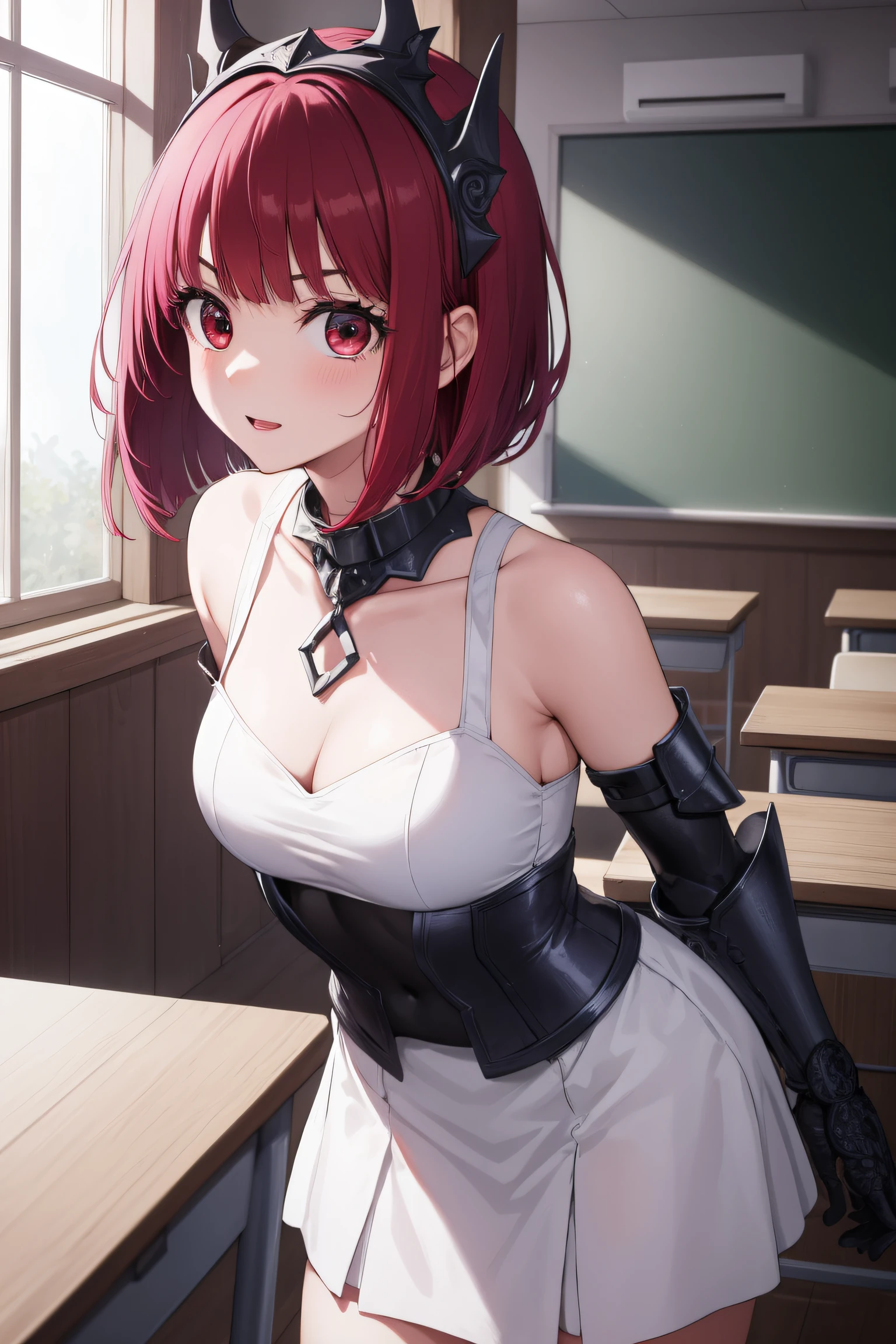 kanaarima, kana arima, bob cut, (red eyes:1.5), red hair, short hair,
BREAK white dress, armor, armored dress, chain, collar, dress, faulds, gauntlets, headpiece, metal collar, plackart,
BREAK looking at viewer,standing, leaning forward, arms behind back,
BREAK indoors, classroom,
BREAK (masterpiece:1.2), best quality, high resolution, unity 8k wallpaper, (illustration:0.8), (beautiful detailed eyes:1.6), extremely detailed face, perfect lighting, extremely detailed CG, (perfect hands, perfect anatomy),