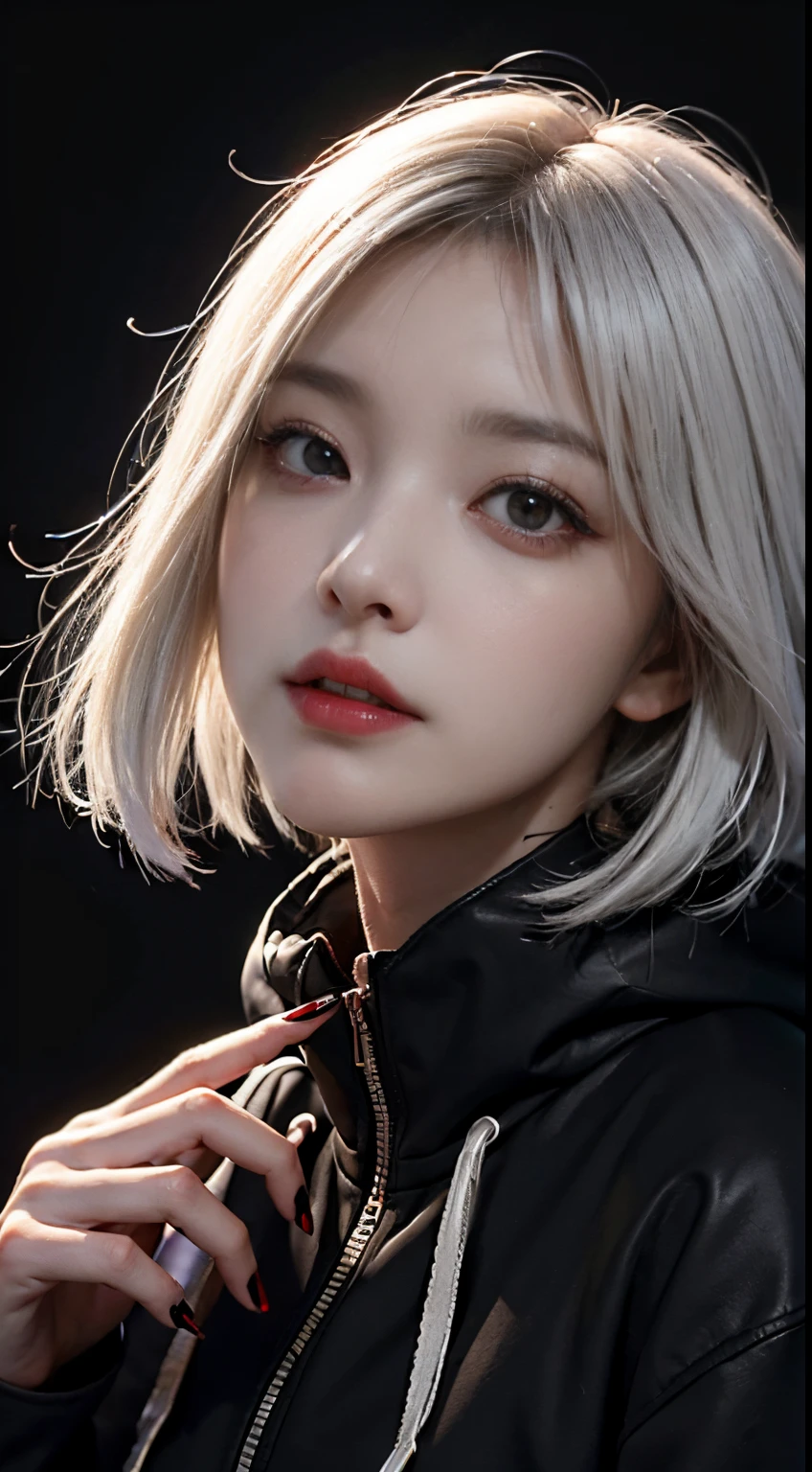 feamle kaneki ken, best quality, more details, masterpiece, 1girl , portrait, close-up, girl focus, red eyes, solo, mask, black nails, bangs, looking at viewer, hood, short hair, black background, hand up, hood up, nail polish, mouth mask, teeth, white hair, black mask, luxurious, 8k, detailed, ray tracing, depth of field, cinematic lighting, blood, tokyo ghoul mask , tokyo ghoul style