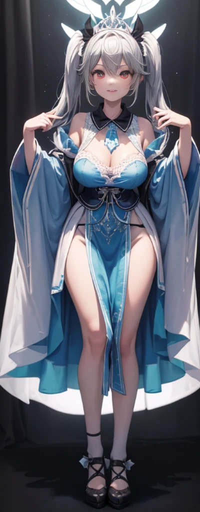 (fully body photo:1.4),white backgrounid,(1 Witch,Flash fluorescence,Hats,See-through Tulle Miko Costume,Delicate tiara,ssmile),(paper art,Quilted paper art,geometry),(Lots of colors,Best quality at best,high detal,tmasterpiece,movie light effect,4K,lightand shade contrast),Colossal tits,blue clothes,pigtails,Blue knee-length socks,luminous totem,Red-eyed,silber hair,pigtails,