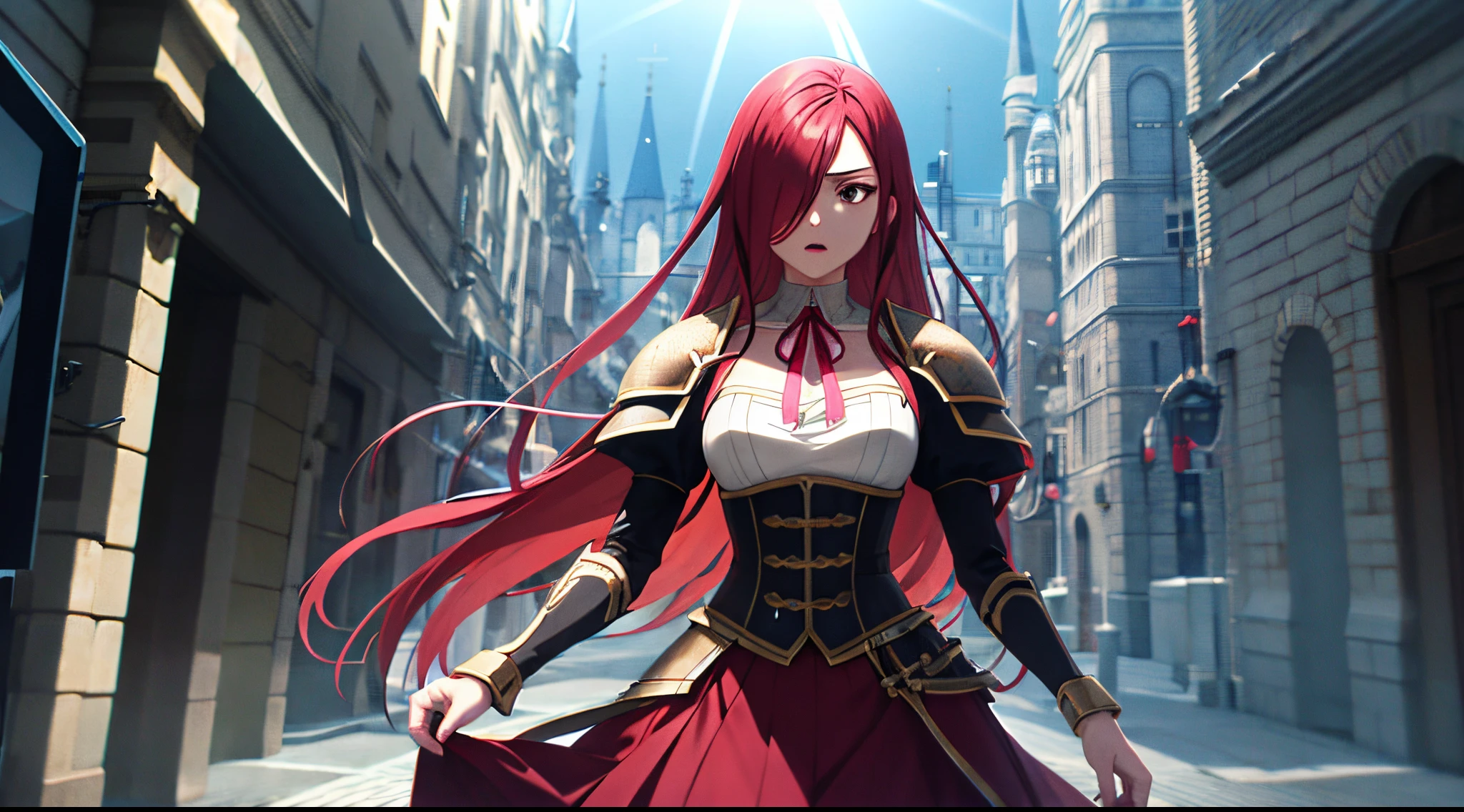 erza, 1girl, solo, long_hair, medium breasts,brown_eyes,red_hair,hair over one eye, standing, looking at viewer,medieval knight armor pauldrons, praying beads on neck, long skirt,medieval fortress street, anime style,deep depth of field,wide angle view,Lumen Reflections,Screen Space Reflections,Diffraction Grading,Chromatic Aberration,GB Displacement,Scan Lines,Ray Traced,Anti-Aliasing,FXAA,TXAA,RTX,SSAO,Shaders,OpenGL-Shaders,GLSL-Shaders,Post Processing,Post-Production,cell Shading,Tone Mapping,CGI,VFX,SFX,insanely detailed and intricate, 4K