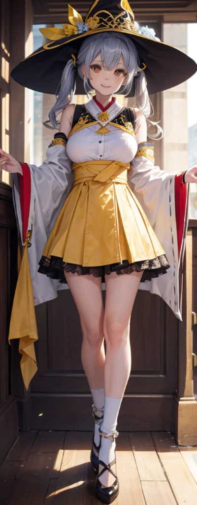 (fully body photo:1.4),white backgrounid,(1 Witch,Flash fluorescence,Hats,See-through Tulle Miko Costume,Delicate tiara,ssmile),(paper art,Quilted paper art,geometry),(Lots of colors,Best quality at best,high detal,tmasterpiece,movie light effect,4K,lightand shade contrast),Colossal tits,yellow clothing,pigtails,Blue knee-length socks,luminous totem,Red-eyed,silber hair,pigtails,