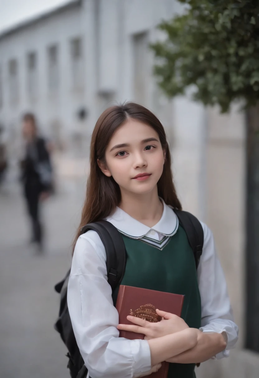 Girl at night,blackshevo, lentil edgy,streets background (Close-up Shot Shot:1.6),Best quality at best,F / 1 high-definition T-bokeh photo,depth of field macro atmosphere sad,Wear a student uniform,Carrying a school bag,Holding a book in his hand,About 18 years old,Must be white