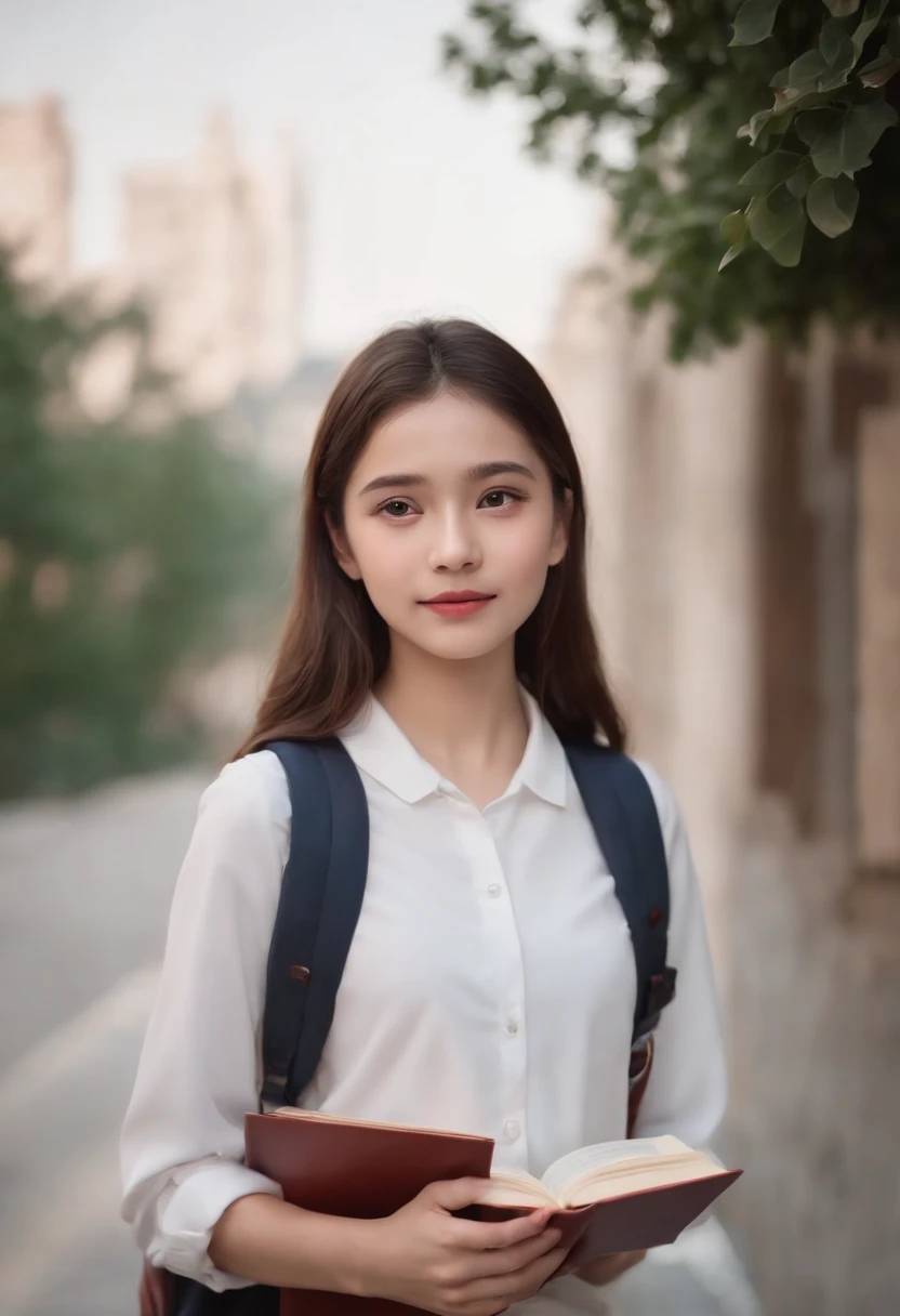 Girl at night,blackshevo, lentil edgy,streets background (Close-up Shot Shot:1.6),Best quality at best,F / 1 high-definition T-bokeh photo,depth of field macro atmosphere sad,Wear a student uniform,Carrying a school bag,Holding a book in his hand,About 18 years old,Must be white