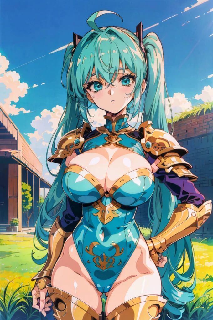 "(masterpiece:1.1), best quality, 
1girl, (80s anime style:1.3), (eyelashes:1.5), (li:1.2), 
(intricate high detailed body:1.2), 
aqua hair, (hair between eyes:1.1), (twintails, drill hair:1.2), 
green eyes, 
(gigantic breasts:1.4),  (huge cleavage:1.4), 
(expressionless:1.2), 
(string leotard armor, cleavage cutout:1.2), 
(knight armor, armored boots:1.2), (frill:1.1), (ahoge:1.2), neckwear, 
standing, hand on hip, 
(upper body, cowboy shot, looking at viewer, from front:1.1),
(daytime, grassland, outdoors:1.2)"