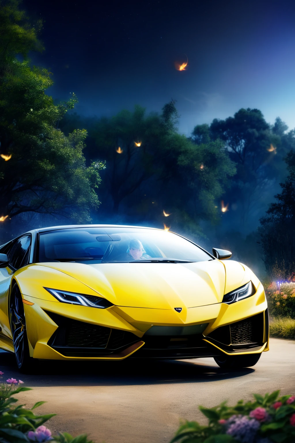 (8K, top-quality, tmasterpiece: 1.2), (actual, realistically: 1.37), super detailing, A supercar,Lamborghini, wide viewing angle, Firefly Garden, Lots of little lights and fireflies flying around, natta,Dream linkage,动态照明