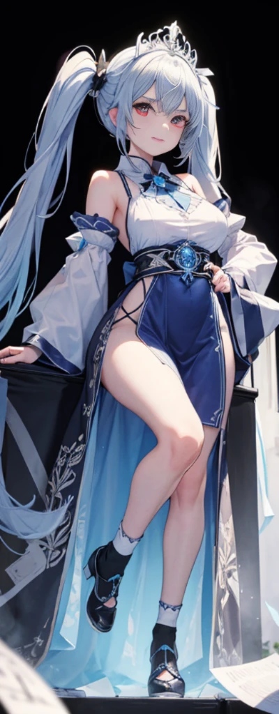 (fully body photo:1.4),white backgrounid,(1 Witch,Flash fluorescence,Hats,See-through Tulle Miko Costume,Delicate tiara,ssmile),(paper art,Quilted paper art,geometry),(Lots of colors,Best quality at best,high detal,tmasterpiece,movie light effect,4K,lightand shade contrast),Colossal tits,blue clothes,pigtails,Blue knee-length socks,luminous totem,Red-eyed,Bifa,pigtails,