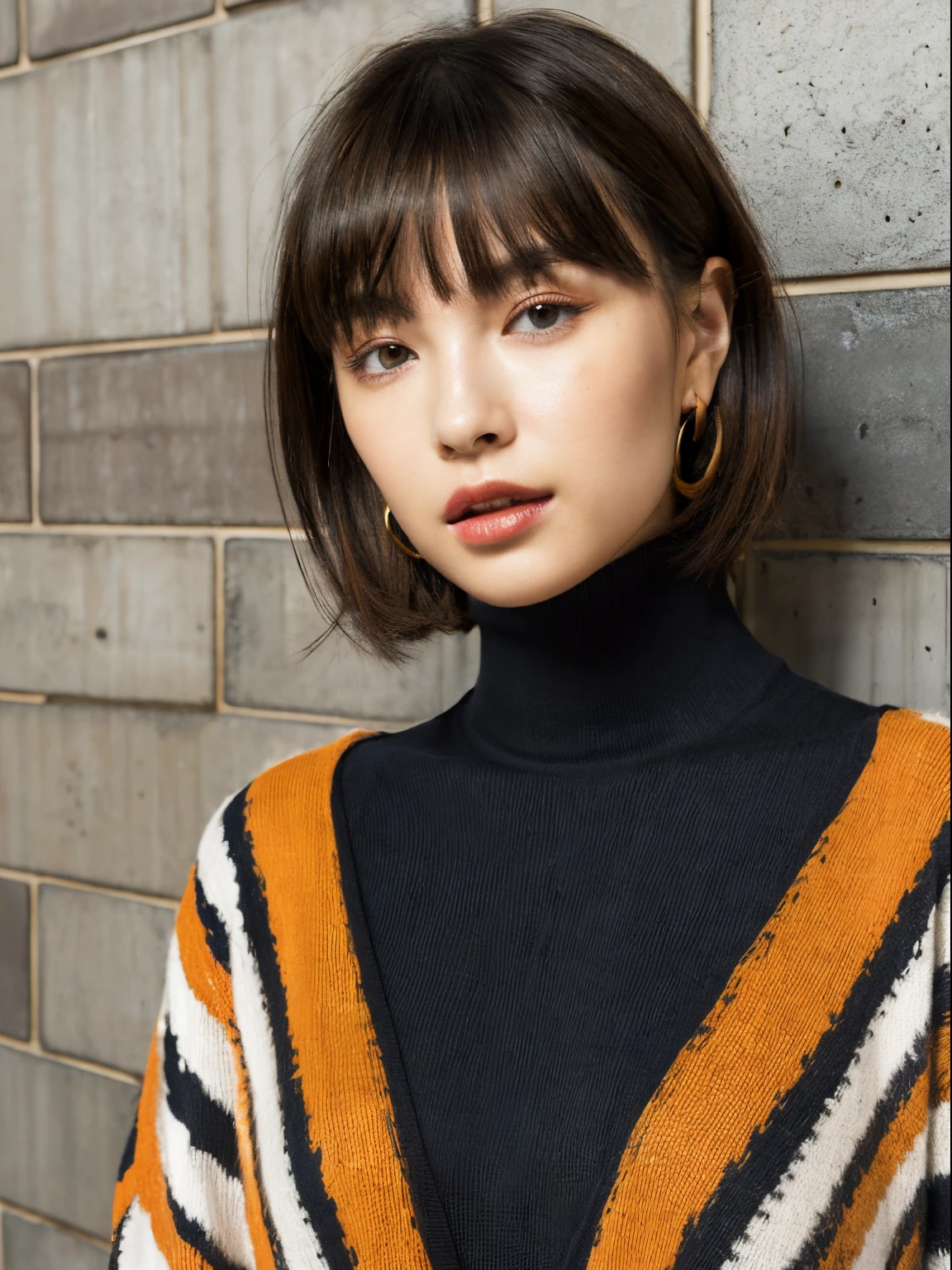 (A hyper-realistic), , (hight resolution), (8K), (ighly detailed), (The best illustrations), (beatiful detailed eyes), (top-quality), (ultra-detailliert), (masterpiece), (mortar wallpaper), (详细的脸), a park,Armpit, Thick,,,独奏,Girl wearing dark orange long-sleeved turtleneck knit and striped shirt, full of sweat, japanes, ,Concrete background、Tile background、Upper body、fluffy bob cut、Curly hair,Realistic eyes
