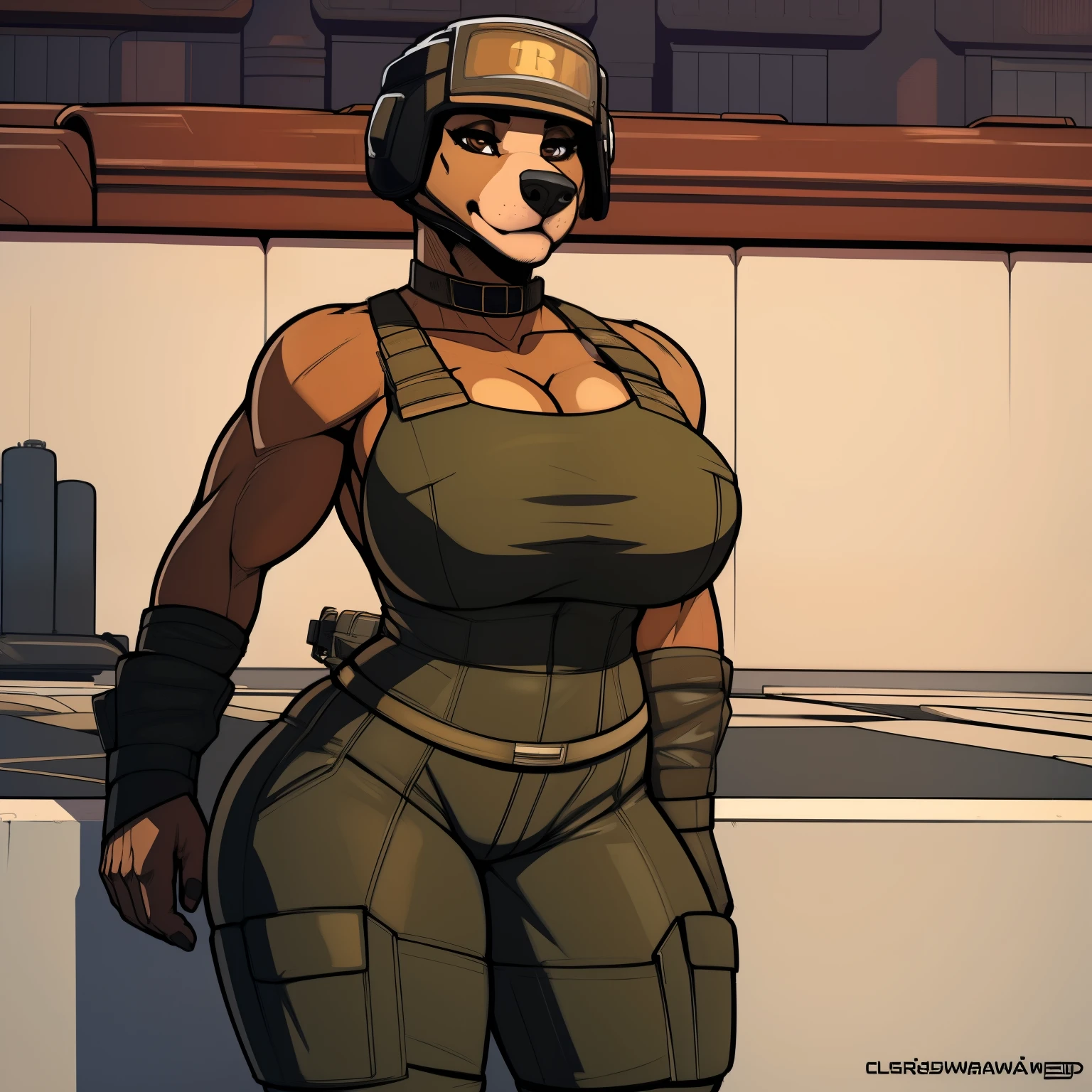 Short_broad_muscular_pitbull female wide_hips black_furry_body brown_eyes tanker_outfit tank_helmet solo Masterpiece best_quality absurdres highly_detailed cleanly_drawn_eyes anthro_only by_claweddrip, by_greasymojo, by_underscore-b, by_runawaystride