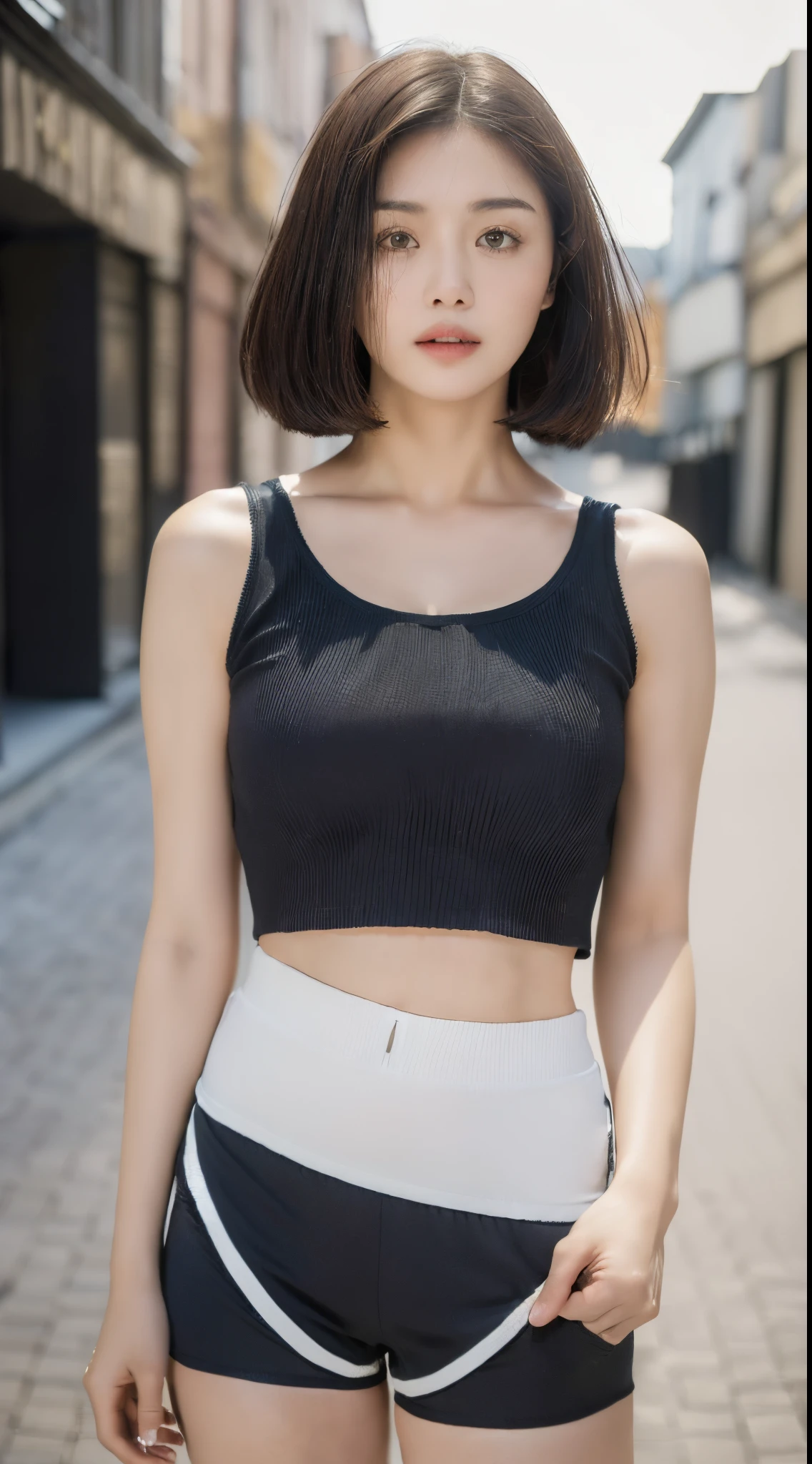 ((Best Quality, 8K, Masterpiece: 1.3)), (Flower Cap: 1.3), Focus: 1.2, Perfect Body Beauty: 1.4, Buttocks: 1.2, (Layered Haircut: 1.2)), (Dark Street: 1.3), Highly Detailed Face and Skin Texture, Full Body, Delicate Eyes, Double Eyelids, Skin, Long Hair, (Round Face: 1.5), (Loose Crop Top, Shorts: 1.6) top colour pink