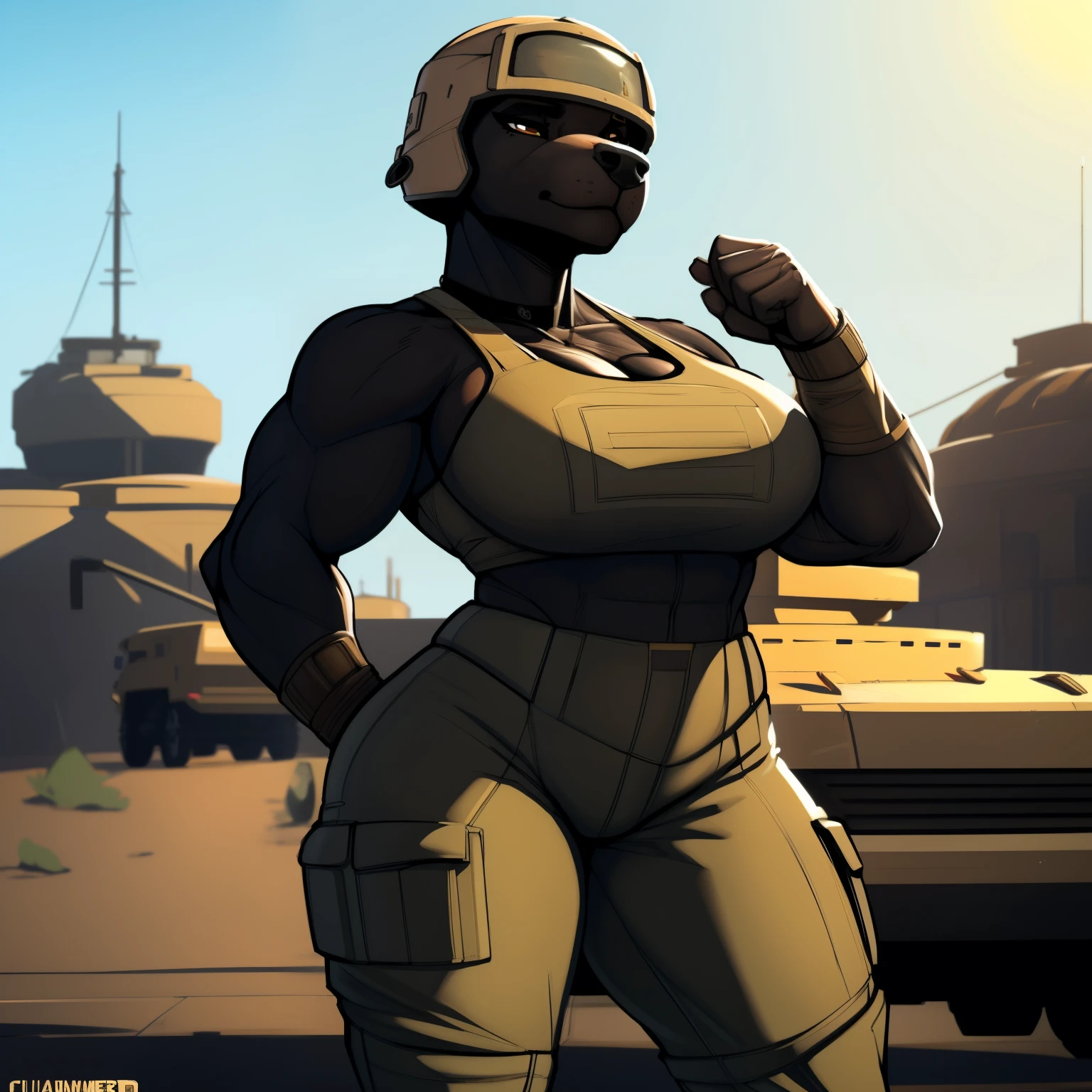 Short_broad_muscular_pitbull female wide_hips black_furry_body brown_eyes tanker_outfit tank_helmet solo Masterpiece best_quality absurdres highly_detailed cleanly_drawn_eyes anthro_only by_claweddrip, by_greasymojo, by_underscore-b, by_runawaystride