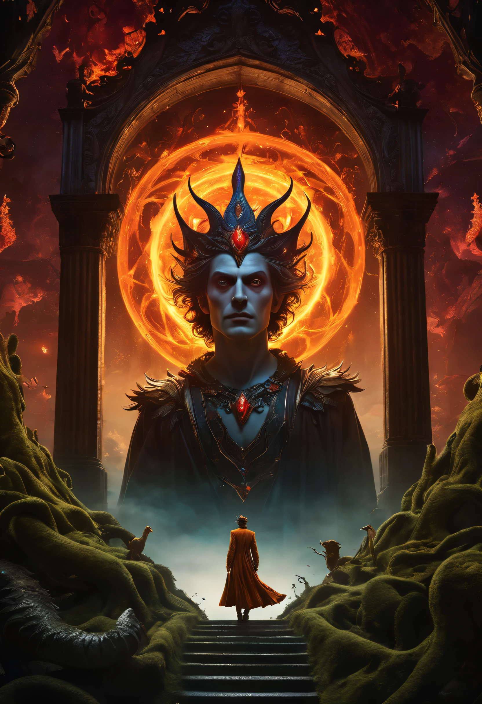1. In a stunning fantasy world, 
2. (Beautiful, vivid, vibrant) 8K Ultra HD professional photos, 
3. (Sharp focus, crystal clear details),
4. (Realistic, photorealistic) portrayal of the scene, 
5. The king of madness,
6. (Intense, fiery) eyes that are burning,
7. (Incredible insanity, madness) reflected in his mind,
8. (Dark, twisted) imagination materialized,
9. (Visually captivating, mesmerizing) composition,
10. Intricate details in every element,
11. (Exquisite, elaborate) fantasy elements,
12. (Magical, spellbinding) atmosphere,
13. (Majestic, awe-inspiring) architecture,
14. (Dramatic, dynamic) lighting,
15. (Enchanting, mystical) color palette,
16. (Epic, grand) scale of the scene,
17. (Immersive, otherworldly) experience,
18. (Impeccable, flawless) craftsmanship,
19. The blend of (fantasy, surrealism, and realism),
20. (Intriguing, captivating) narrative hinted within the image,
21. (Surreal, dreamlike) landscapes,
22. The interplay of light and shadow,
23. (Intriguing, mysterious) characters in the background,
24. (Enigmatic, enshrouded) atmosphere,
25. (Rich, vibrant) symbolism,
26. (Emotionally charged, evocative) ambiance,
27. (Epic, awe-inspiring) composition,
28. (Whimsical, fantastical) elements,
29. (Ethereal, magical) lighting effects,
30. (Intricate, delicate) textures,
31. (Imaginative, out-of-this-world) concept,
32. (Majestic, breathtaking) sense of scale,
33. (Enveloping, immersive) atmosphere,
34. (Dynamic, energetic) brushstrokes,
35. (Otherworldly, ethereal) creatures,
36. (Mystical, transcendent) themes,
37. (Enthralling, captivating) storytelling,
38. (Awe-inspiring, jaw-dropping) details,
39. (Emotionally charged, gripping) narrative,
40. The epitome of artistic excellence.