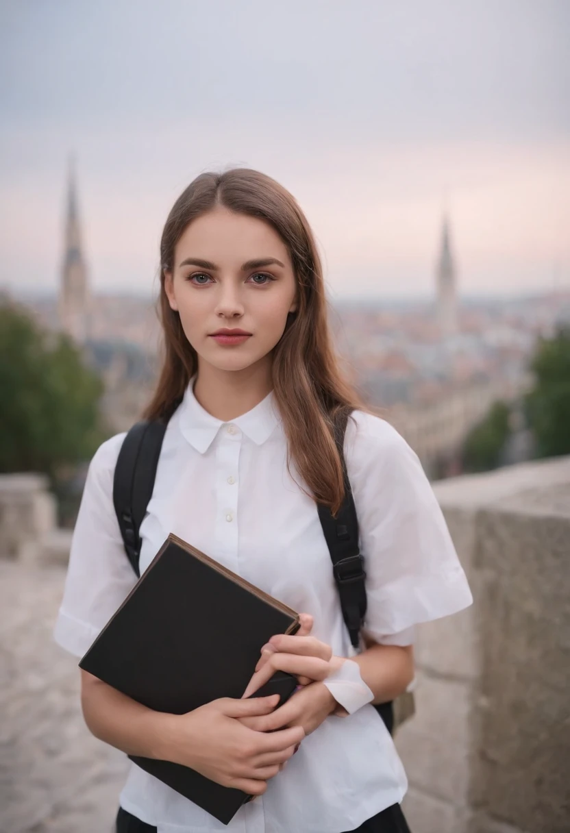 European and American white girls at night，blackshevo, lentil edgy，streets background （Close-up Shot Shot：1.6），Best quality at best，F / 1 high-definition T-bokeh photo，depth of field macro atmosphere sad，Wear a student uniform，Carrying a school bag，Holding a book in his hand，About 18 years old，Must be European and American white people