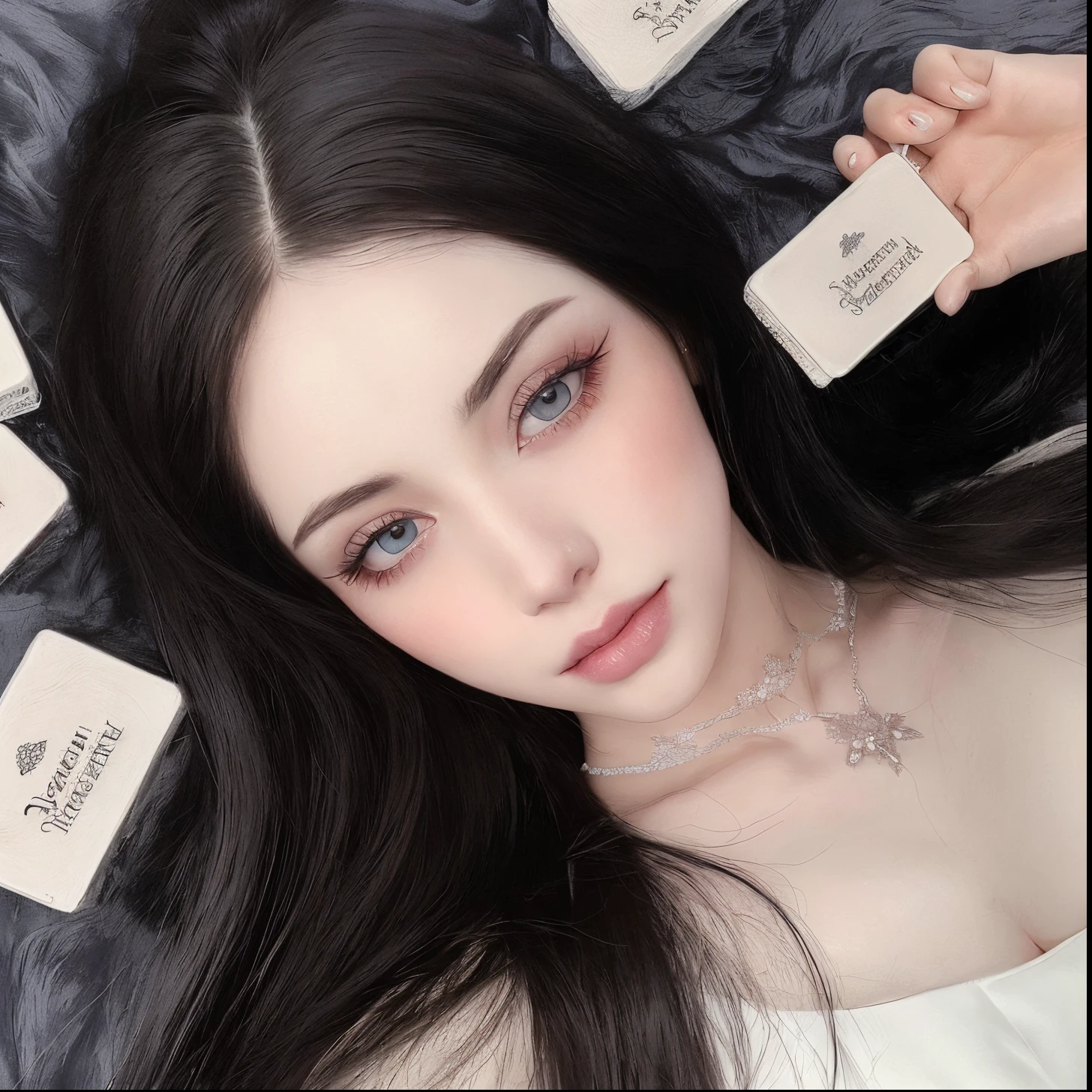 Hay una mujer acostada sobre una alfombra de piel con muchas etiquetas, maquillaje popular de Corea del Sur, pale porcelain white skin, pale snow white skin, dilraba dilmurat, maquillaje coreano popular, Porcelana piel blanca, Hermosa Delphine, Labios claros y de alta calidad, porcelain pale skin, Ava Max, pale ivory skin, pale milky white porcelain skin, maquillaje