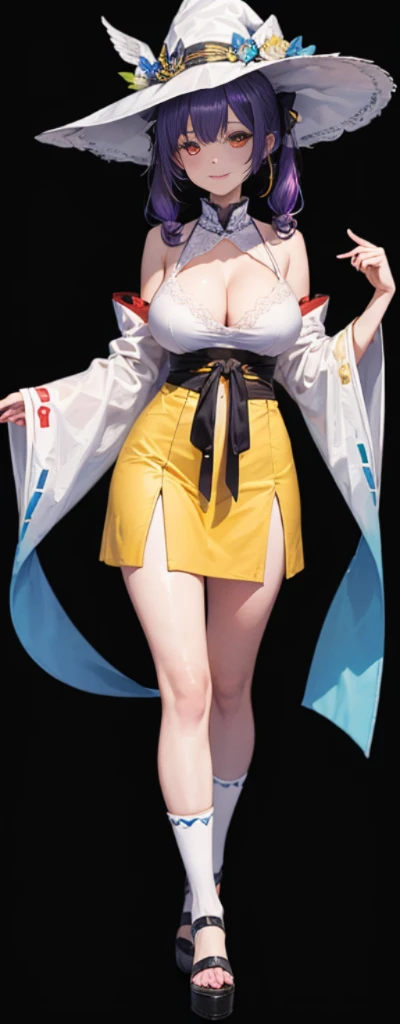 (Full body photo:1.4),white backgrounid,(1 Witch,Flash fluorescence,Hats,See-through Tulle Miko Costume,Delicate headgear,ssmile),(paper art,Quilted paper art,geometry),(Lots of colors,Best quality,high detal,tmasterpiece,movie light effect,4K,lightand shade contrast),Colossal tits,yellow clothing,pigtails,Blue knee-length socks,luminous totem,red - eyed,Purple hair big breasts,pigtails,
