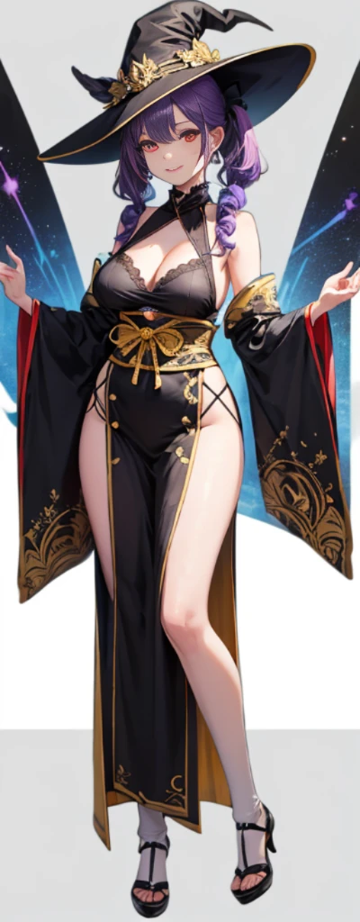 (Full body photo:1.4),white backgrounid,(1 Witch,Flash fluorescence,Hats,See-through Tulle Miko Costume,Delicate headgear,ssmile),(paper art,Quilted paper art,geometry),(Lots of colors,Best quality,high detal,tmasterpiece,movie light effect,4K,lightand shade contrast),Colossal tits,yellow clothing,pigtails,Blue knee-length socks,luminous totem,red - eyed,Purple hair big breasts,pigtails,