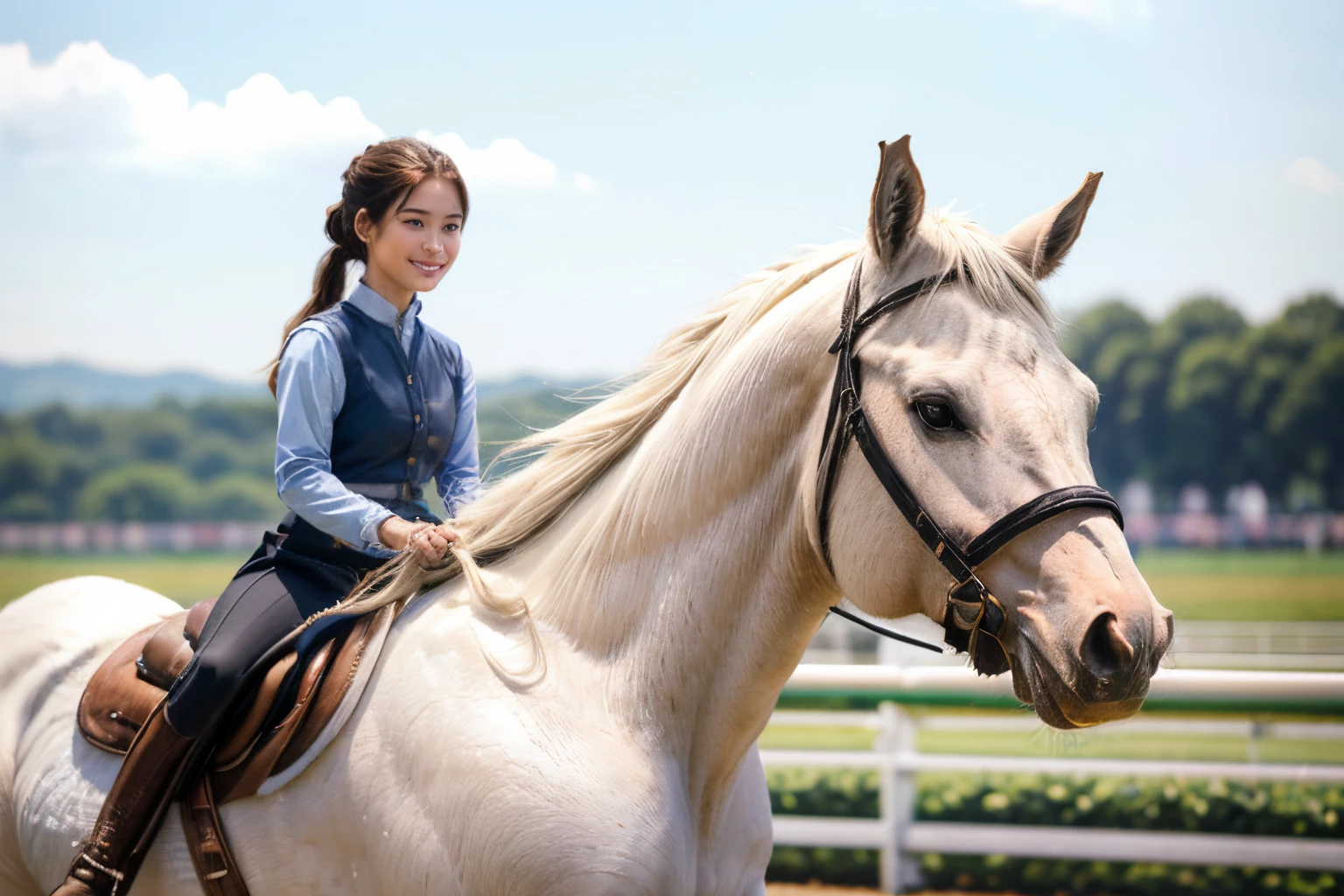 101
(a 20 yo woman,Riding on a white horse), (A hyper-realistic), (high-level image quality), ((beautiful hairstyle 46)), (I have my hair in a ponytail), (Gentle smile), (Keep your mouth shut), (ride horse、Horse racing、Equestrian competitions)