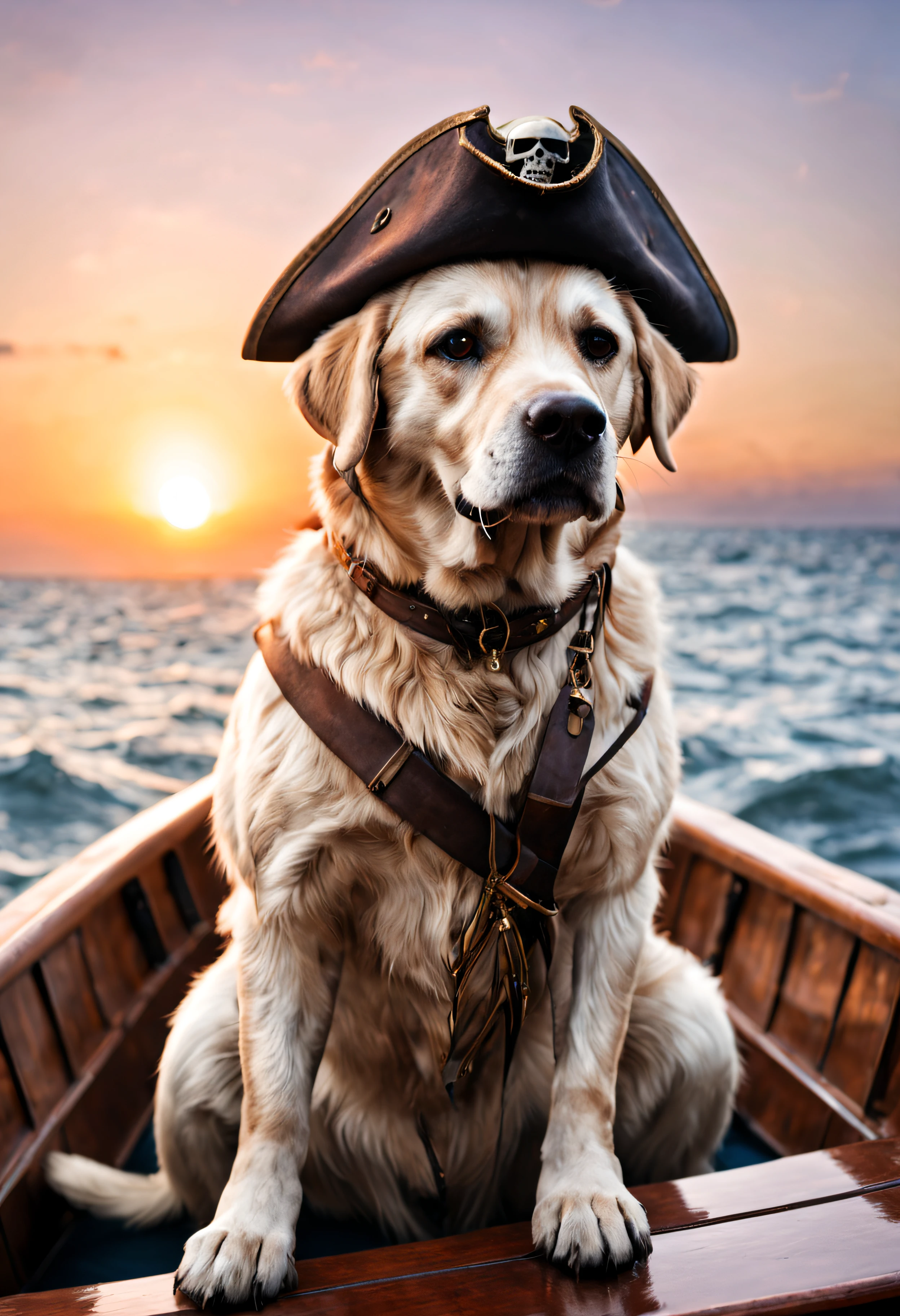 labrador, déguisé en pirate, chapeau de pirate, en pirate, sur un bateau pirate, sur l'eau, sunset