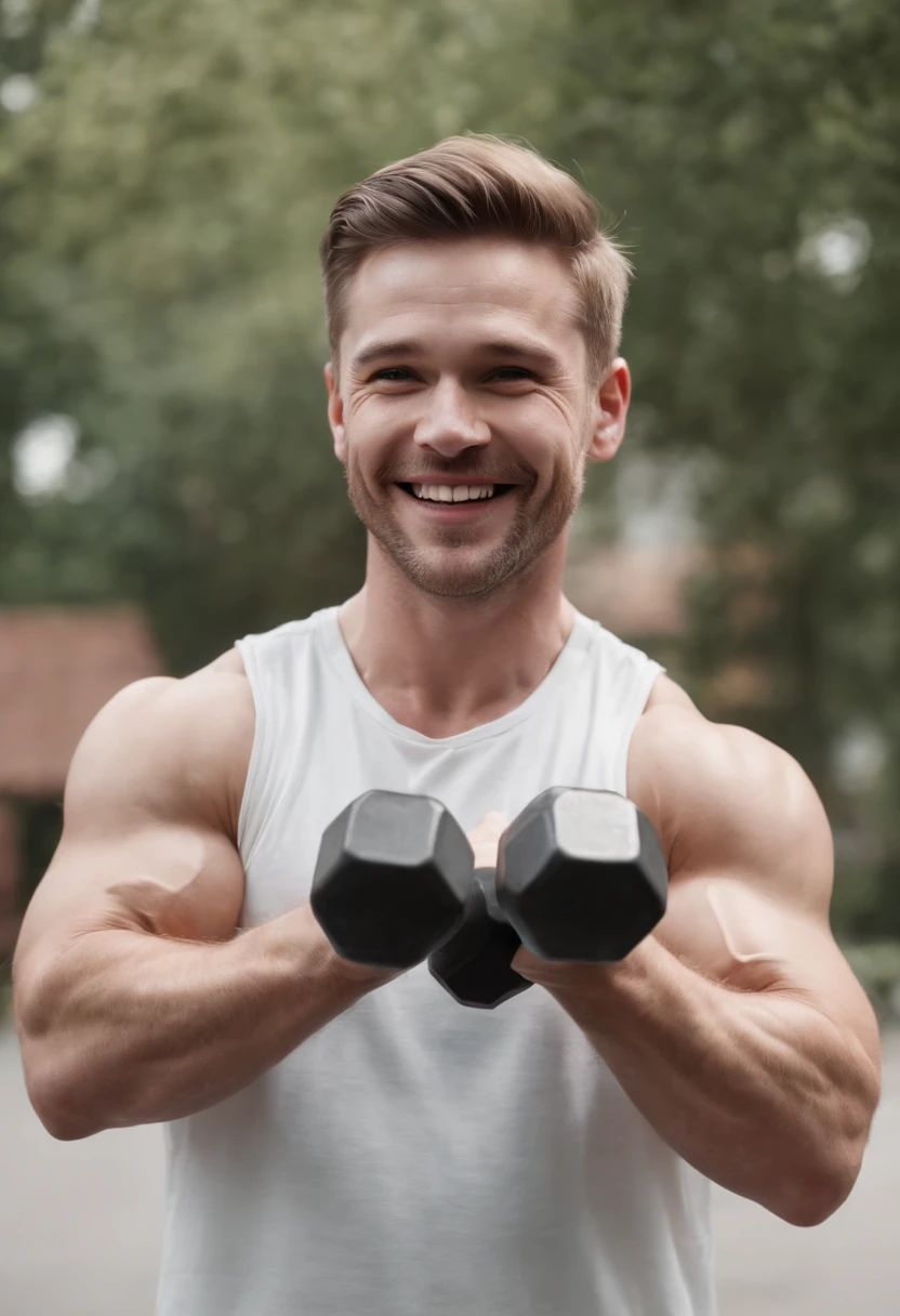 European and American white men，Strong arms，A half body，Laughing，Holding a dumbbell in hand