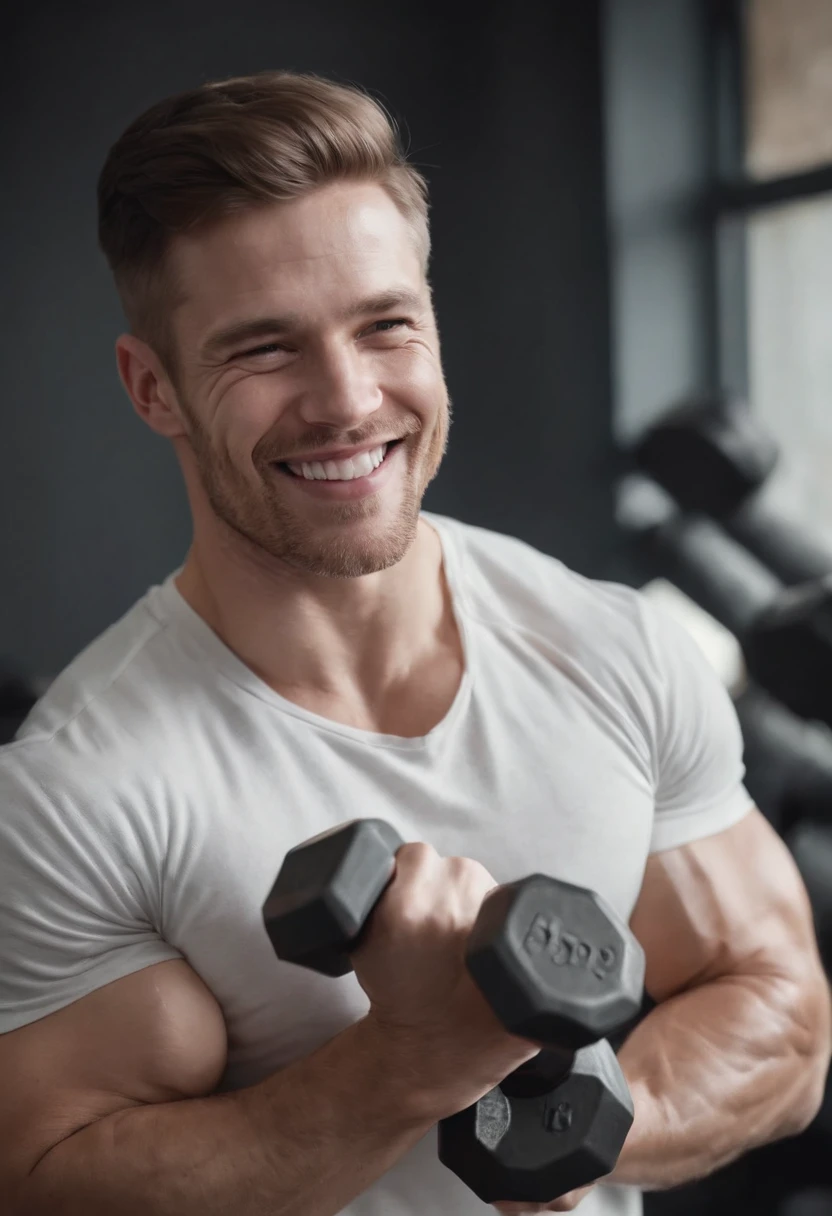 European and American white men,Strong arms,A half body,Laughing,Holding a dumbbell in hand,Arm length is normal