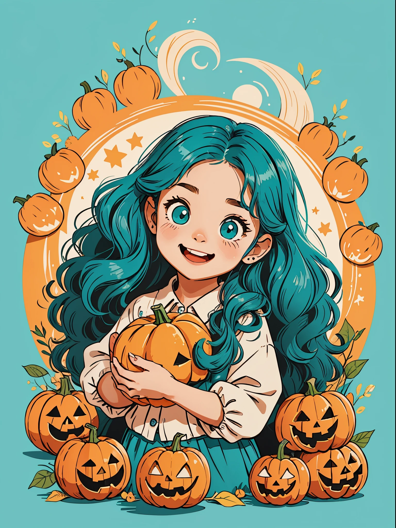 High quality design vector style image, Cute *********** s。cheerfulness，Interesting，Huge long hair。curlies。Large turquoise colored eyes。 pumpkins，Vector Image.