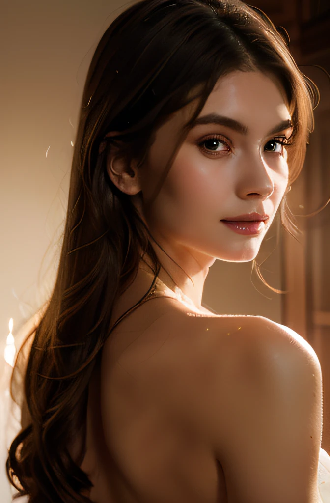 YES NSFW, Goddess, Realistic Babe, (best quality,4k,8k,high res,masterpiece:1.2),ultra-detailed,(realistic,photo realistic,photo-realistic:1.37), half portrait, beautiful face,flowing hair,wisdom,serene expression,divine beauty,ethereal glow,heavenly aura,graceful pose,golden halo,sparkling eyes,elegant gown,light pastel color palette,soft lighting,delicate brushstrokes,classic half portrait, Renaissance style,sublime tranquility