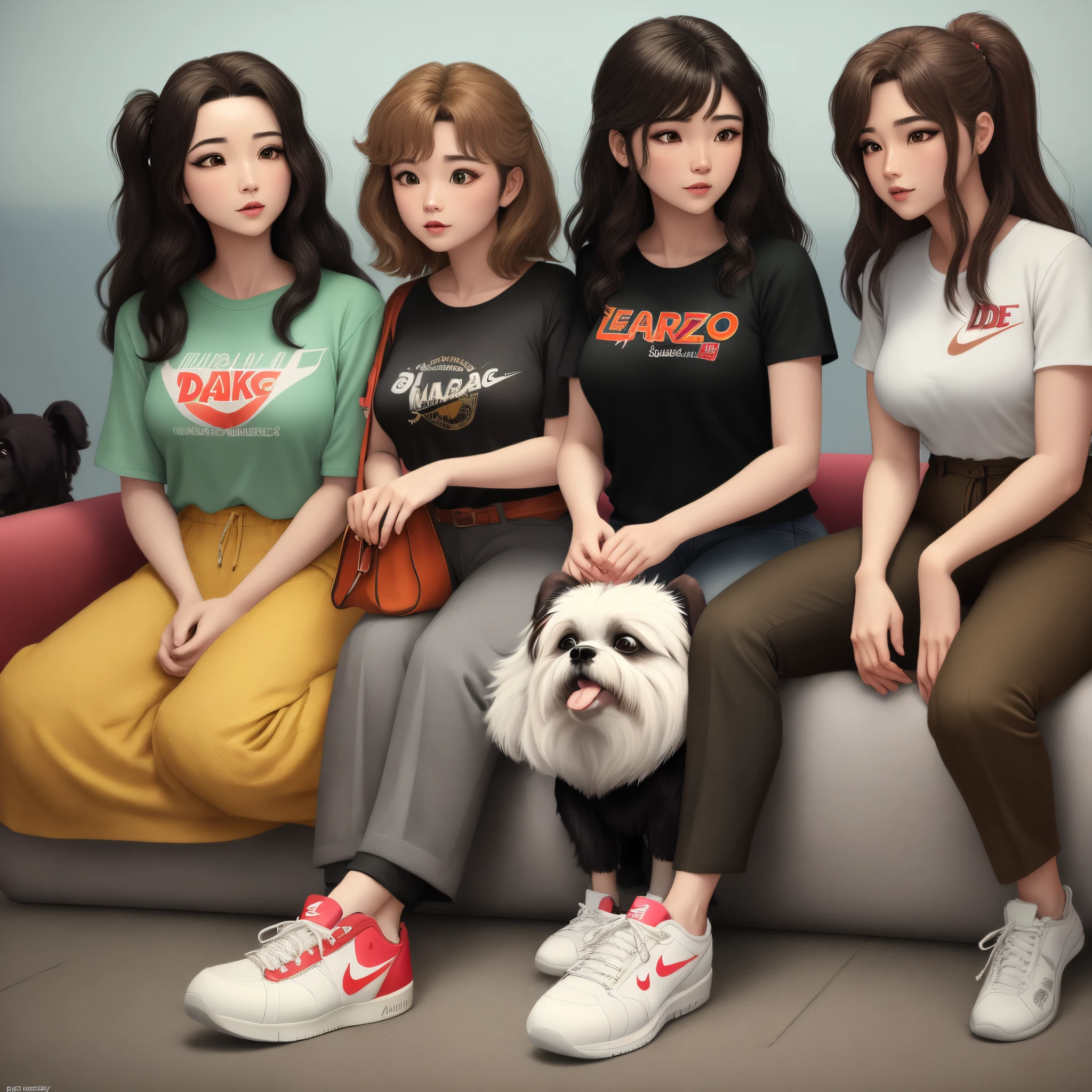 Disney pixar style poster with Disney pixar title & Carla, com mulher de 53 anos, Japanese woman sitting on brown sofa with 3 dogs, 1 shih tzu de cor branca e caramelo de olhos pequenos, filhote, 1 lhasa apso branca e bege com orelhas compridas e mais 1 lhasa apso branco com olhos esbugalhados. A mulher tem cabelo liso, comprido castanho claro com mechas loiras, rosto com sardas, nariz largo e baixo, brown eyes with false eyelashes. wearing black pants, blusa verde musgo, justa de manga com ombros a mostra, sneakers Nike, bolsa tiracolo com logomarca mK