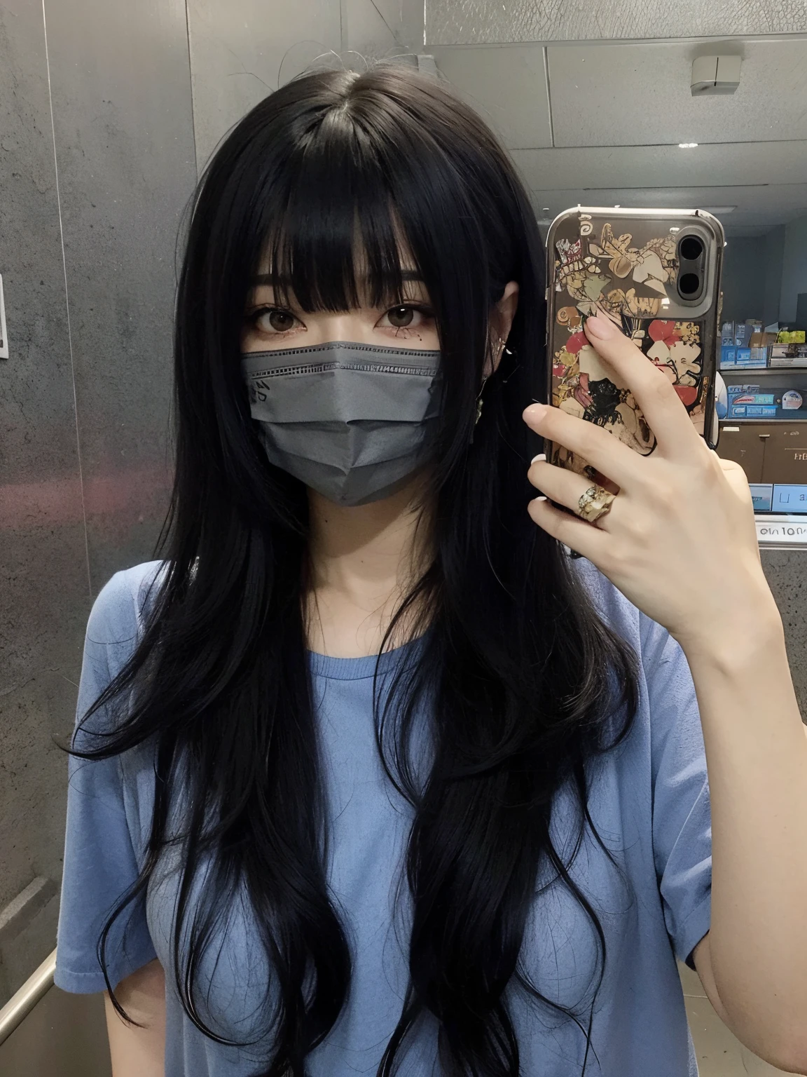 mulher arafada, com longos cabelos negros, wearing a mask and holding a cell phone, no face mask, preto hime corte cabelo, O corte Hime, Ulzzang, Ela tem cabelo preto com franja, wearing all black mempo mask, cabelo comprido com franja completa, cabelos longos com franja, cabelo preto longo com franja, branco hime corte penteado