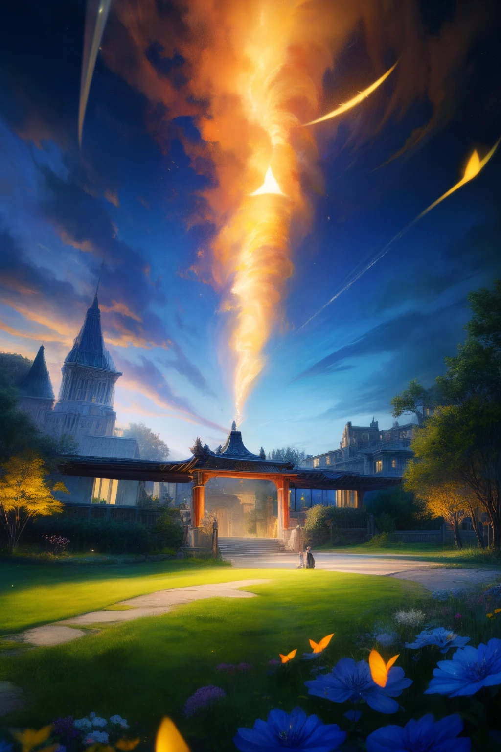 (8K, top-quality, tmasterpiece: 1.2), (actual, realistically: 1.37), super detailing, A supercar，Super cool and handsome, wide high angle view, glowworm，trpical garden, Lots of little lights and fireflies flying around, natta，Dream linkage，动态照明