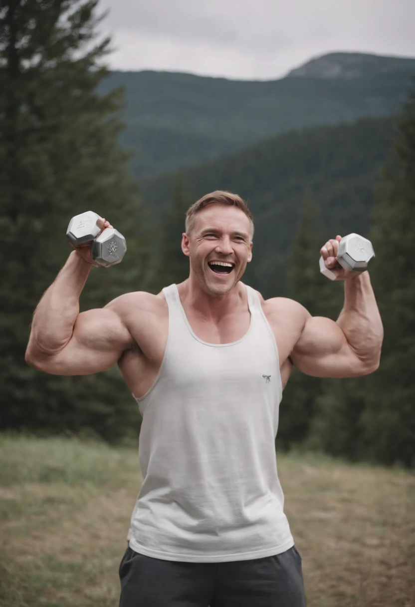 European and American white men，Strong arms，A half body，Laughing，Holding a dumbbell in hand，Arm length is normal