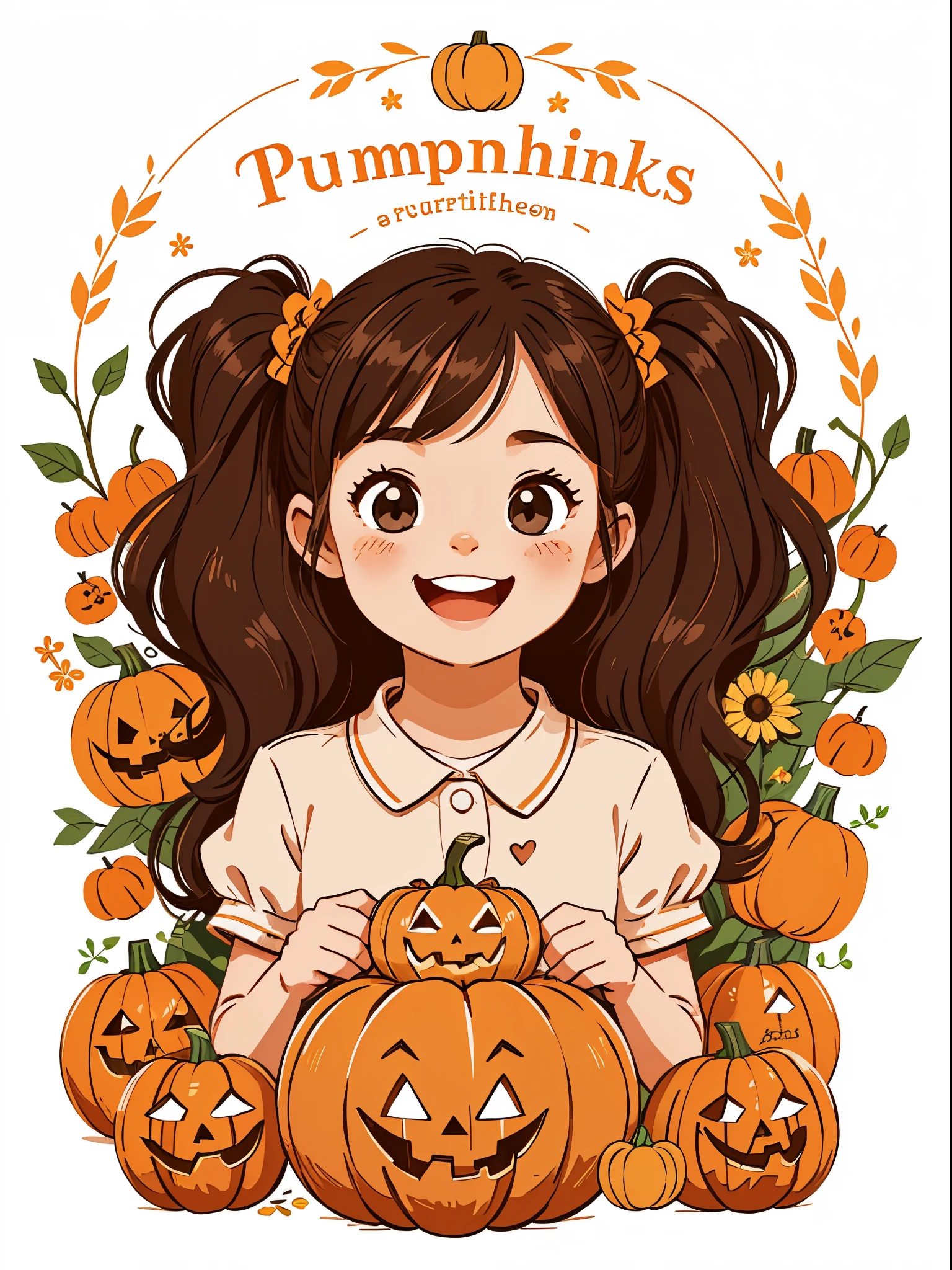 High quality design vector style image, Cute little girl s。cheerfulness,Interesting,pumpkins,Vector Image.