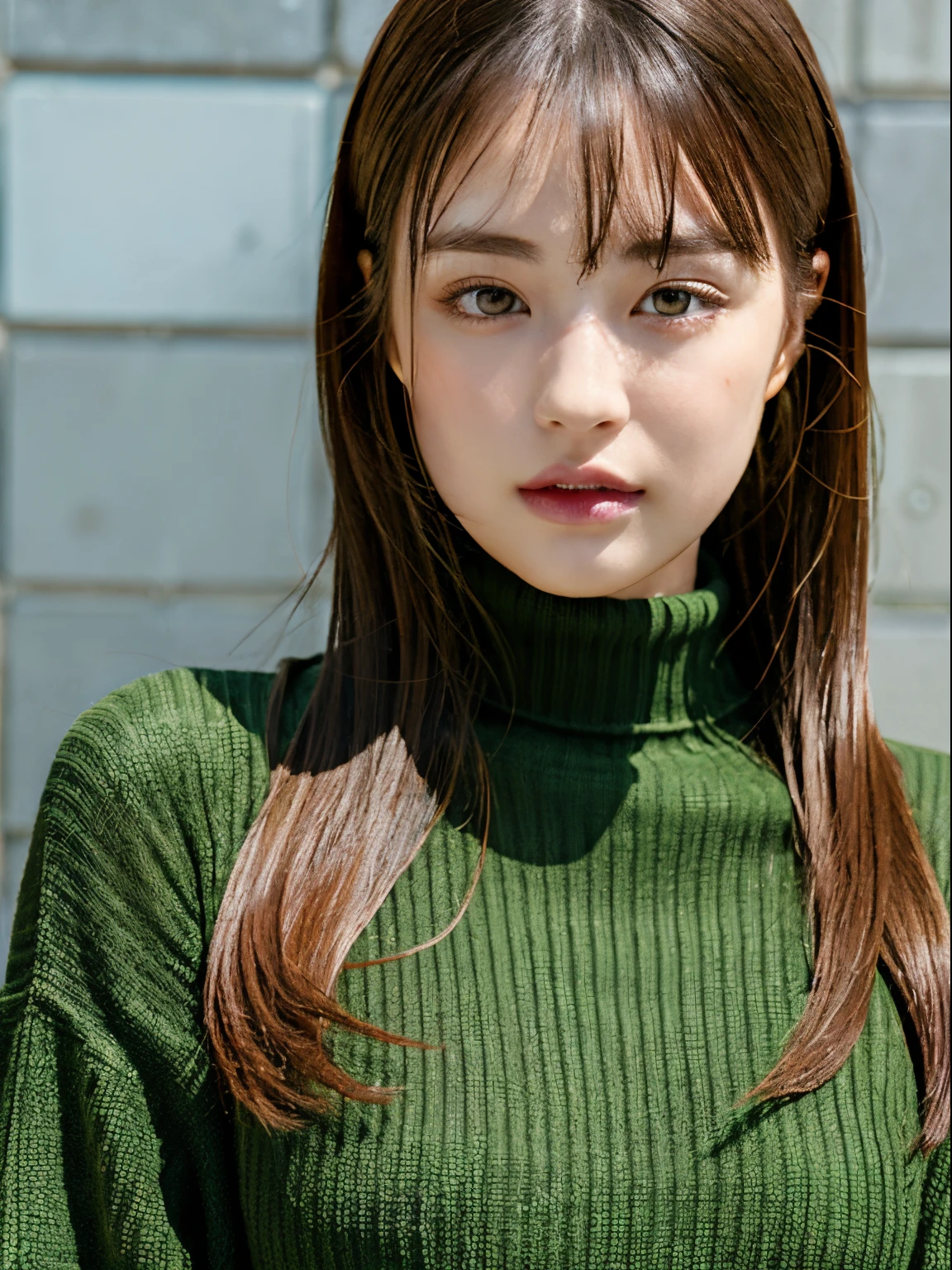 (A hyper-realistic), , (hight resolution), (8K), (ighly detailed), (The best illustrations), (beatiful detailed eyes), (top-quality), (ultra-detailliert), (masterpiece), (mortar wallpaper), (详细的脸), a park,Armpit, Thick,,,独奏,A girl wearing a dark green long-sleeved turtleneck knit, full of sweat, japanes, ,Concrete background、Tile background、Upper body、Long hair、Curly hair,Realistic eyes、Redhead hair color