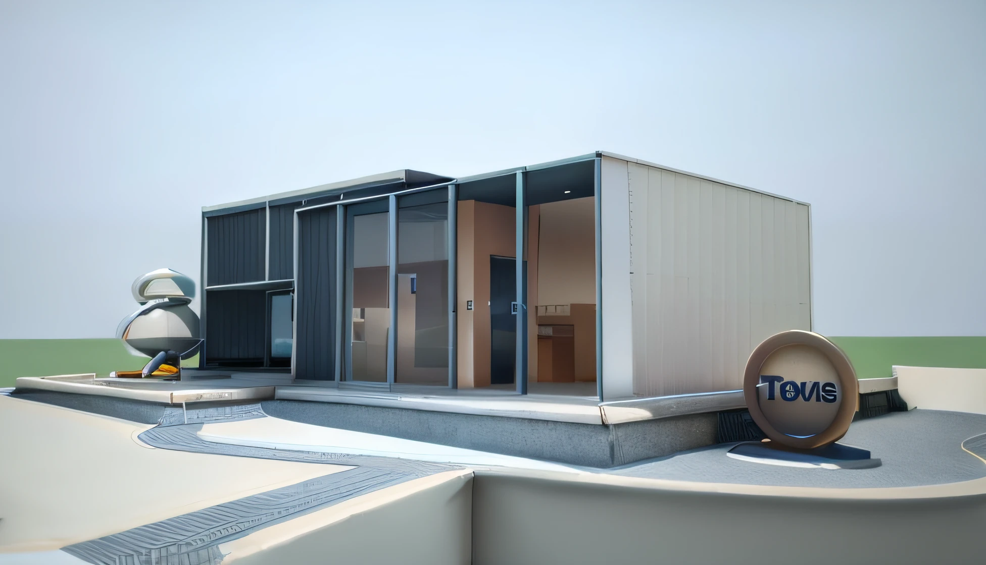 there is a 3d image of a building with a sign on the front, concept house, comprehensive 2 d render, 3 d rendering, 3d rendering, concept illustration, architectural concept, wide establishing shot, 3 / 4 view, 3/4 view, 3 d renders, 3d-render, depicted as a 3 d render, detailed rendering, inter dimensional villa