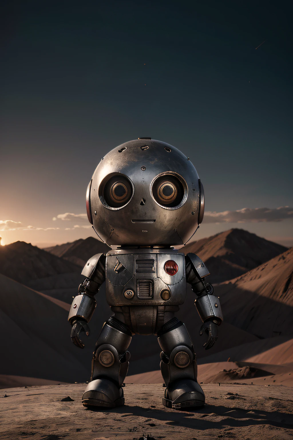 A crazy toy with a big one A Soviet one-eyed robot from CCCP, y casco Estilo, Pinzas en las manos, Cabeza de TV, cabeza de alfiler, camuflaje Oro Plata Rosa Oxidado, Atmosphere in the crater of a super-detailed meteorite, centro, Beautiful, Soft lighting, centrado en el personaje, 4k-resolution, Photorealistic rendering,