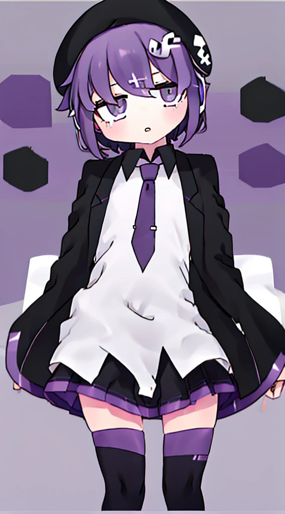 nukunukunigirimeshi style, inabakumori style, best quality, masterpiece, light gray background, simple colored, 1 girl, solo, purple, expressionless, black beret, purple beret, short hair, bangs, skirt, black thighhighs, purple necktie, robot ears, white blouse, black shirt, white tailcoat, white vest, boots