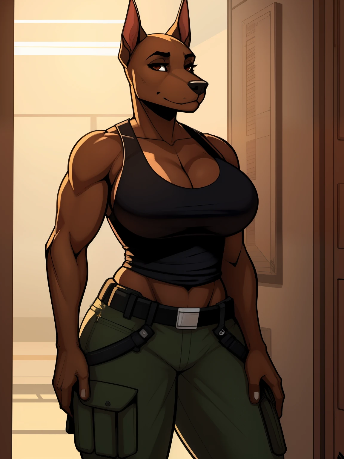 Very_muscular_mature_doberman female dark_brown_two-tone_furry_body brown_eyes milf tank_top tactical_vest cargo_pants wife solo Masterpiece best_quality absurdres highly_detailed cleanly_drawn_eyes anthro_only large_breasts by_claweddrip, by_greasymojo, by_underscore-b, by_runawaystride
