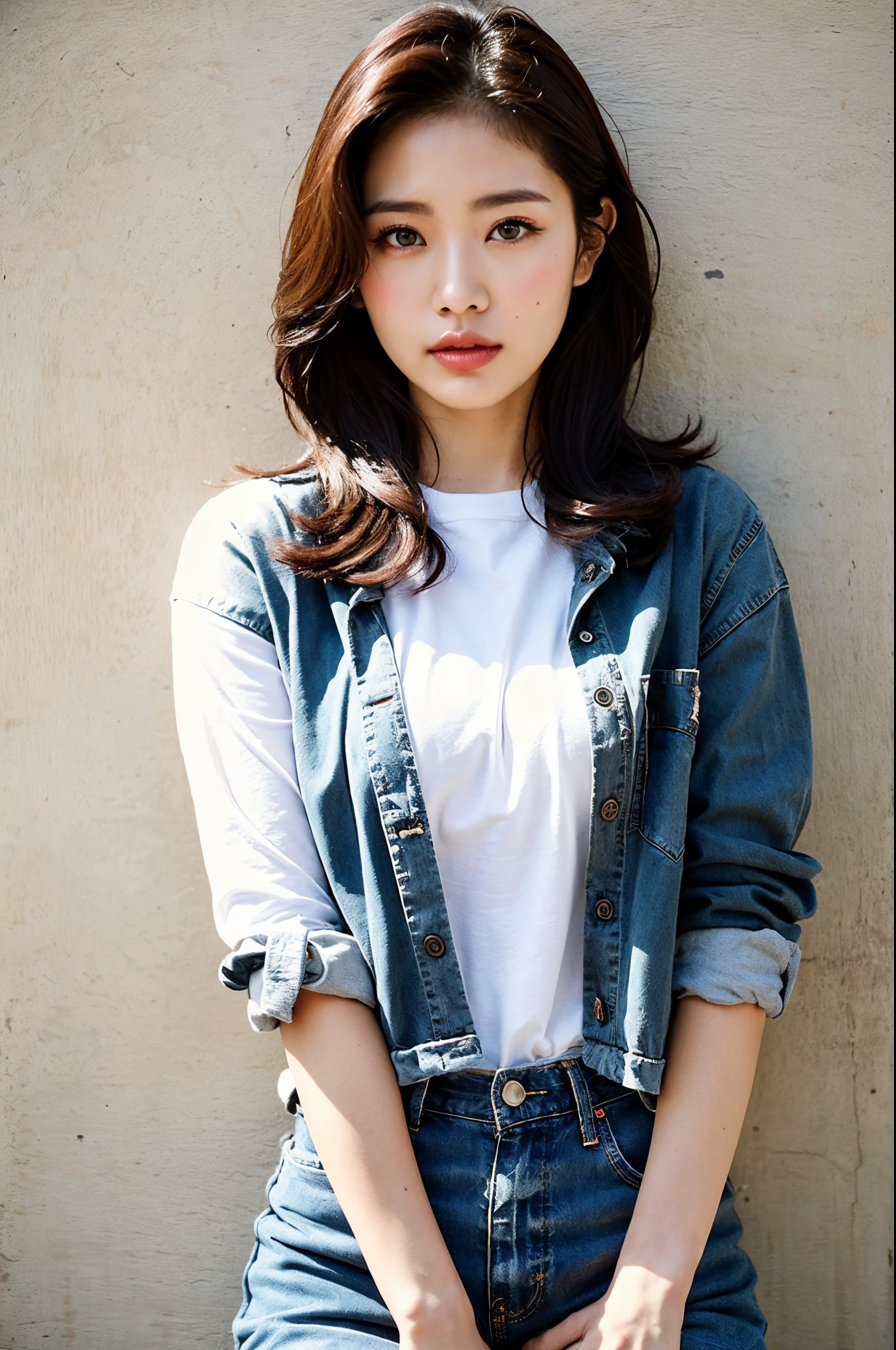 of the highest quality, 1 beautiful woman, age 28, S, 35mm lens, F/1, Cowboy Shot, Concrete background、Tile background、Perm Hair、Sweat Flannel shirt、Golden brown