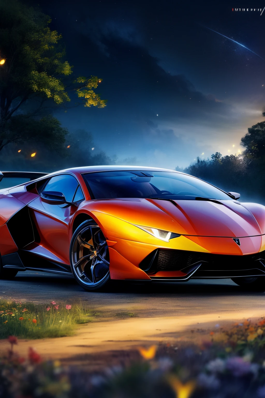 (8K, top-quality, tmasterpiece: 1.2), (actual, realistically: 1.37), super detailing, {super car},A supercar,Lamborghini, wide viewing angle, Firefly Garden, Lots of little lights and fireflies flying around, natta,dream magical,动态照明