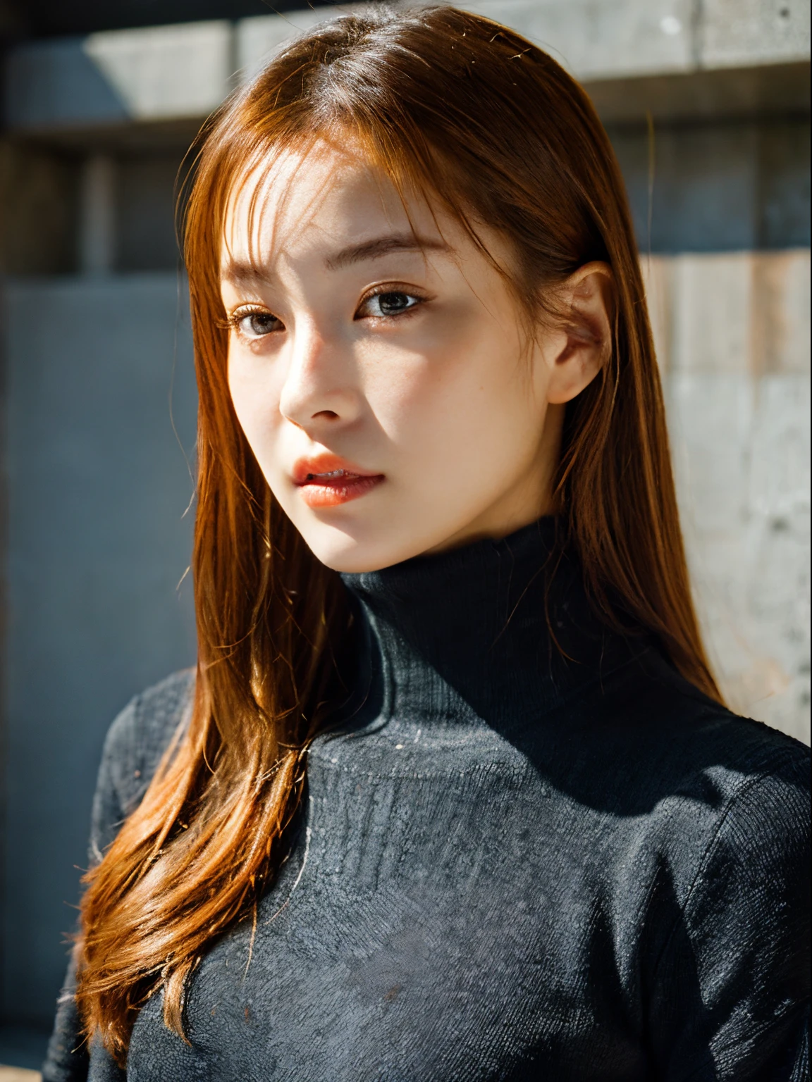 (A hyper-realistic), , (hight resolution), (8K), (ighly detailed), (The best illustrations), (beatiful detailed eyes), (top-quality), (ultra-detailliert), (masterpiece), (mortar wallpaper), (详细的脸), a park,Armpit, Thick,,,独奏,A girl wearing a dark orange long-sleeved turtleneck knit, full of sweat, japanes, ,Concrete background、Tile background、Upper body、Long hair、Curly hair,Realistic eyes、Redhead hair color